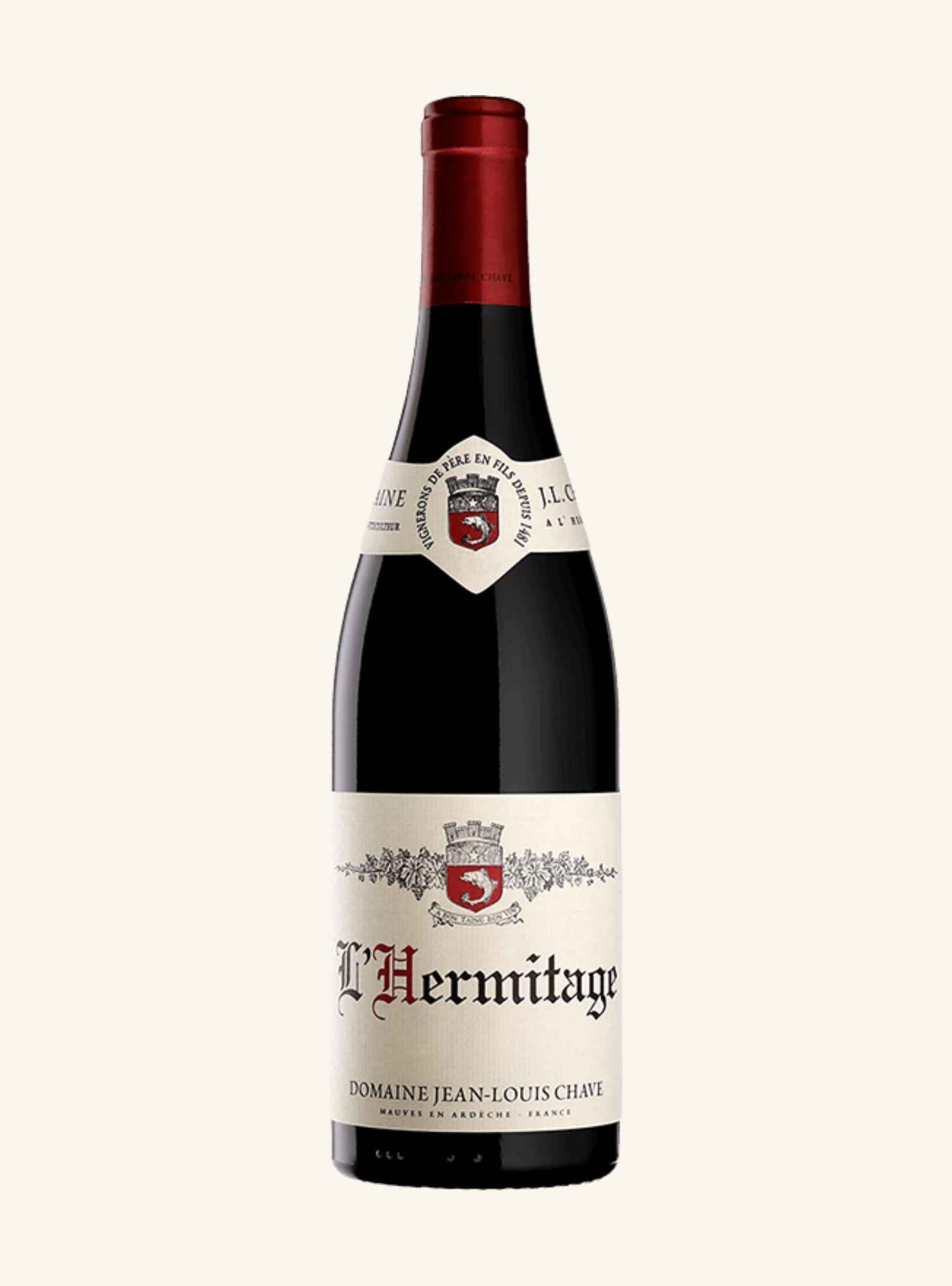 bottle of jean louis chave hermitage with a white label branded hermitage by jean-louis chave with a red capsule and on a white background.