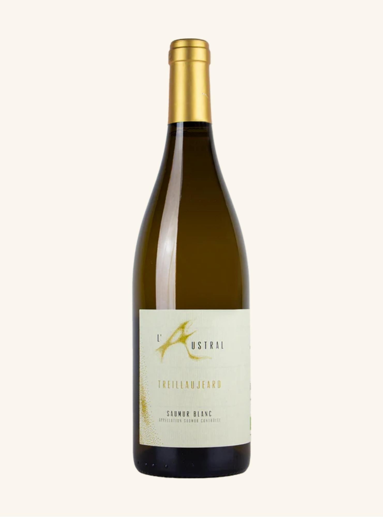 Wine bottle with gold cap and white label with l'austral saumur blanc branding  on a white background