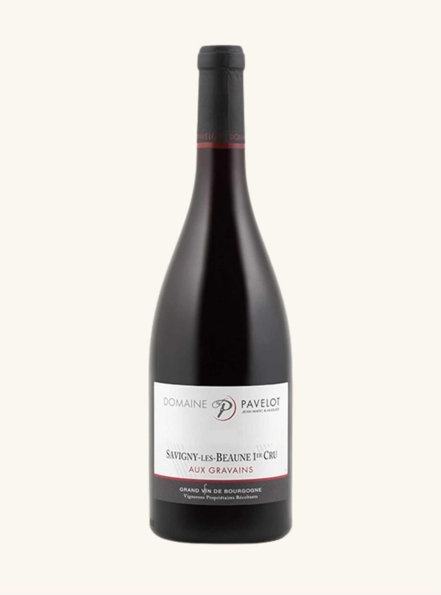 Wine bottle with a white label with the brand name Domaine Pavelot and wine Savigny les beaune 1er aux gravains noted,  on a white background