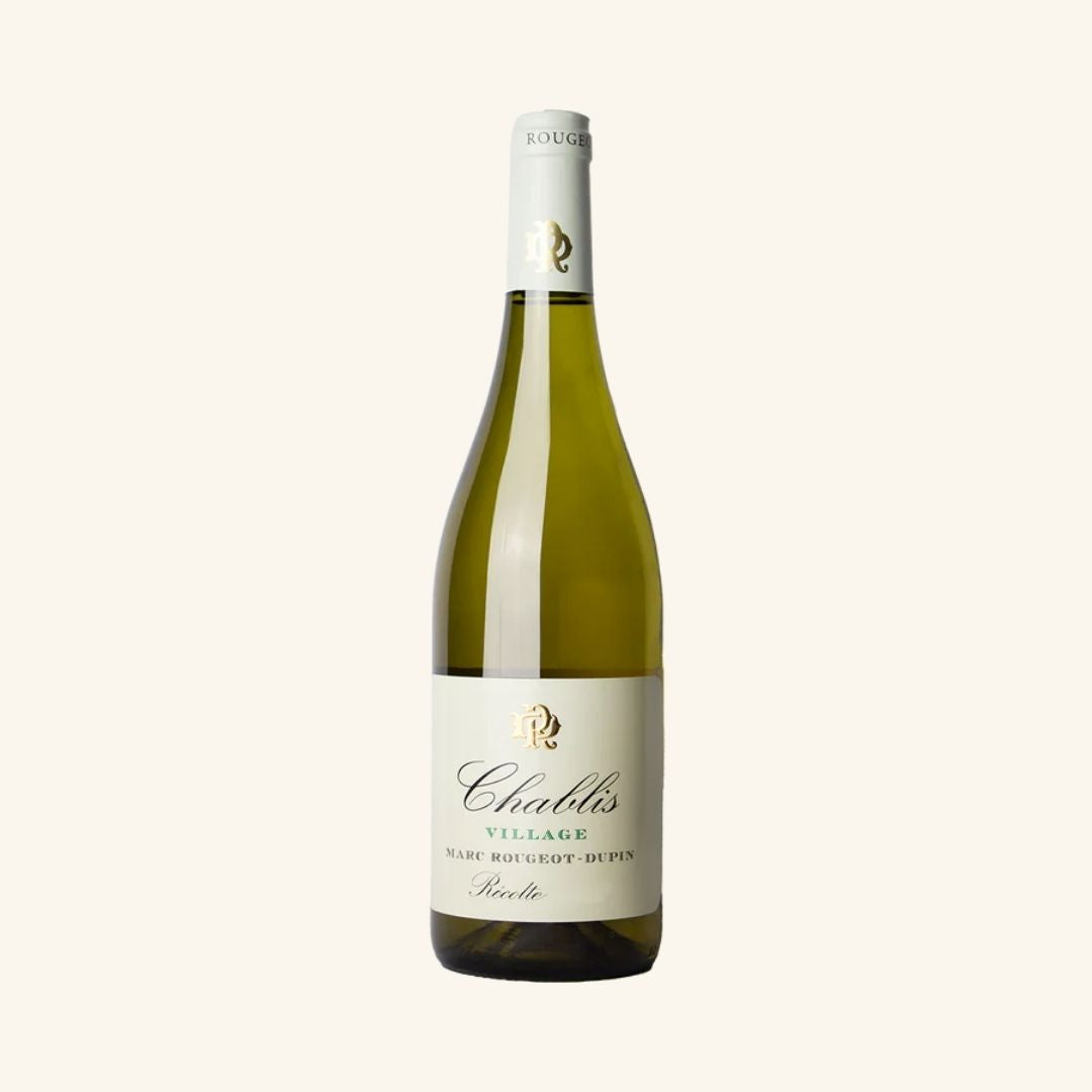 Wine bottle labeled 'Chablis' Rougeot-Dupin on a white background