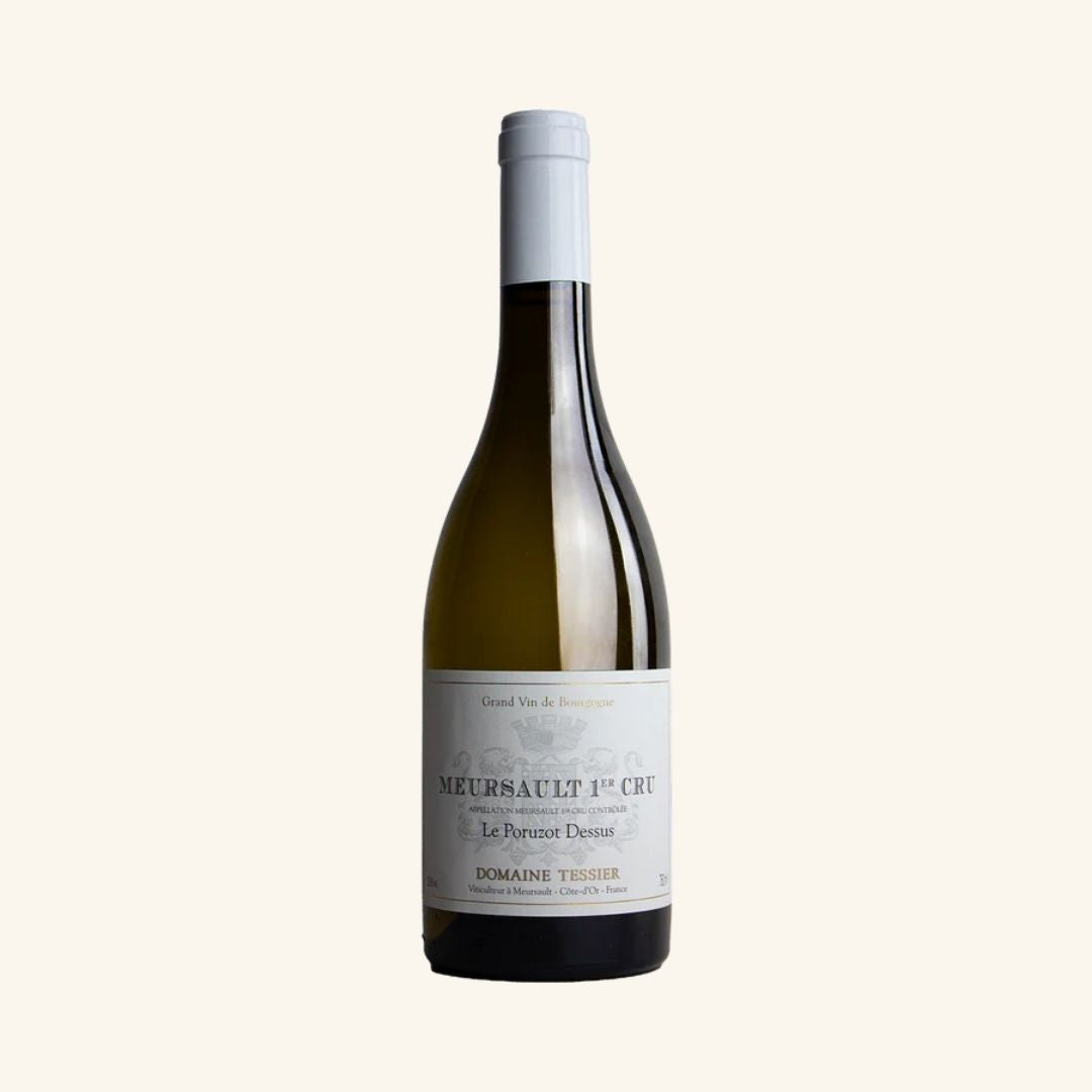White Wine bottle with a classic burgundy label with the brand Domaine Tessier and Meursault 1er Cru on a white background