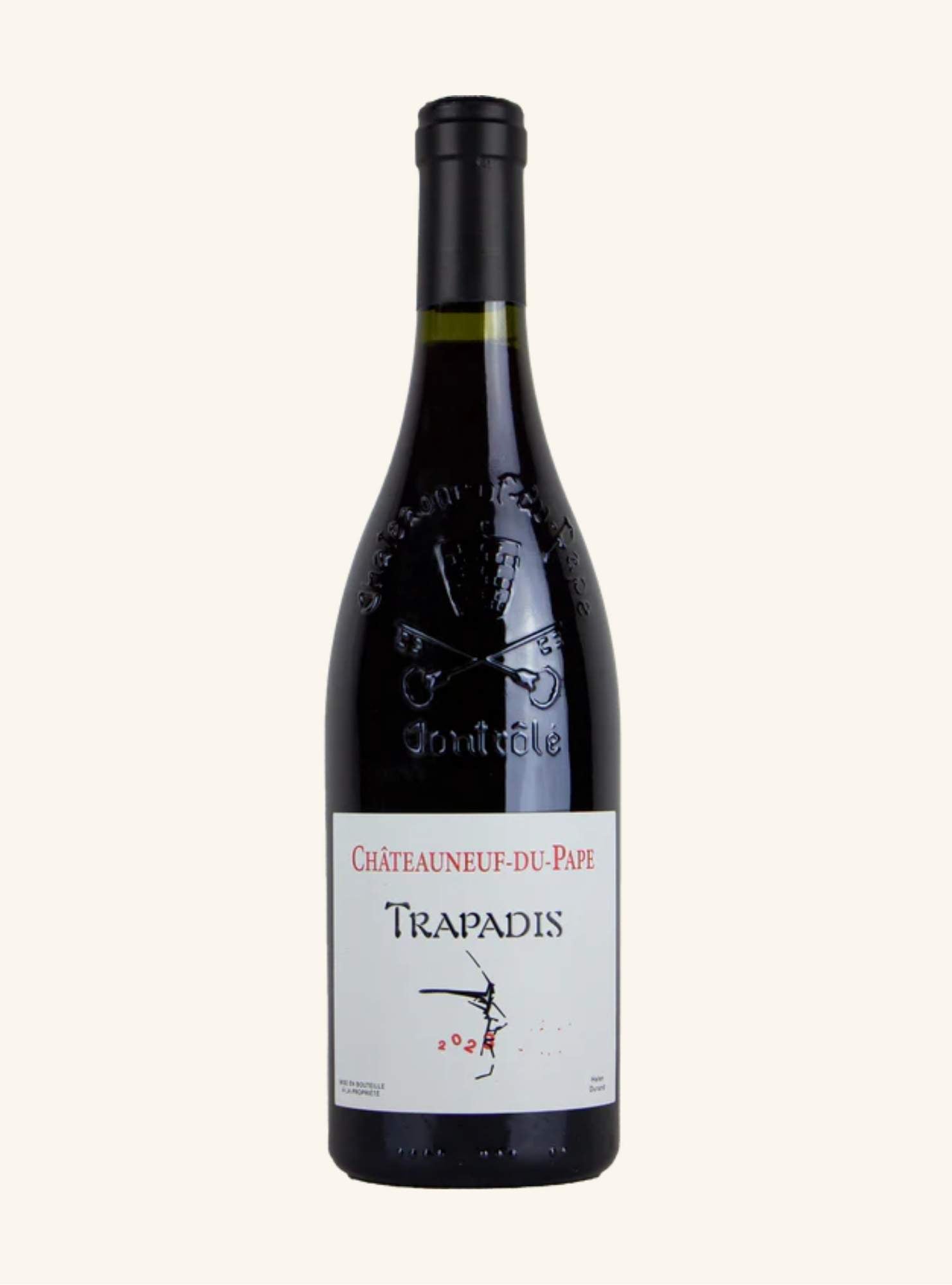 Wine bottle with 'Trapadis chateauneuf-du-pape' label on a white background