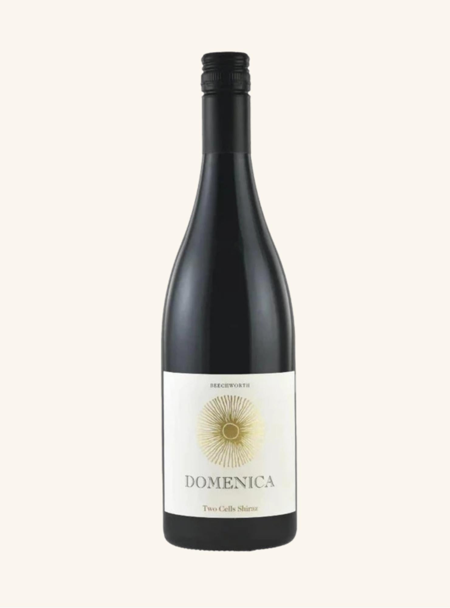 Wine bottle with 'Domenica two cells shiraz' label on a white background