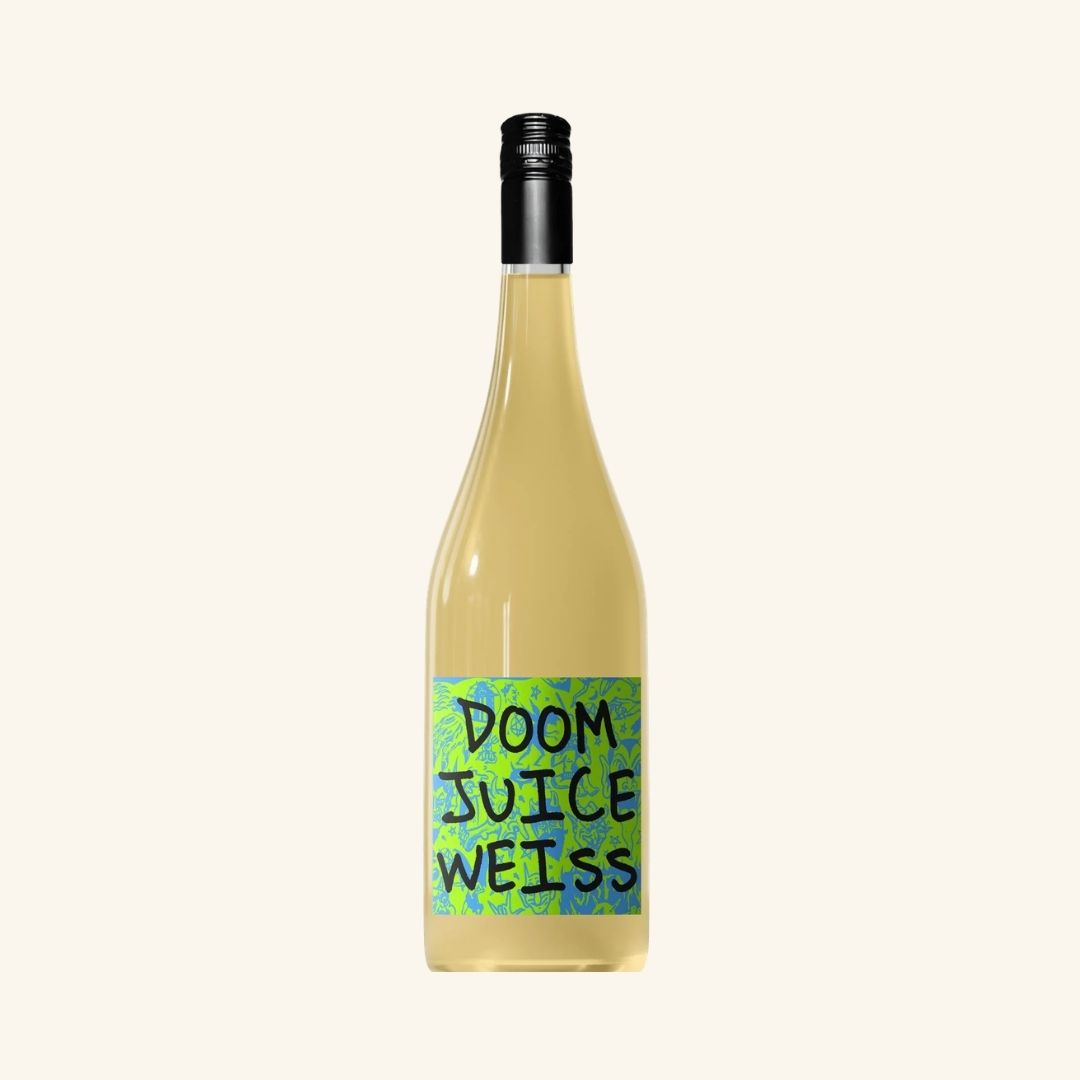 Wine bottle with 'Doom Juice Weiss' label on a white background