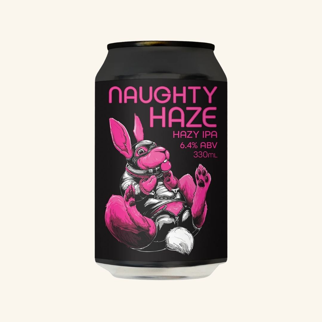 Can of Naughty Haze Hazy IPA with a cartoon rabbit design on a black background