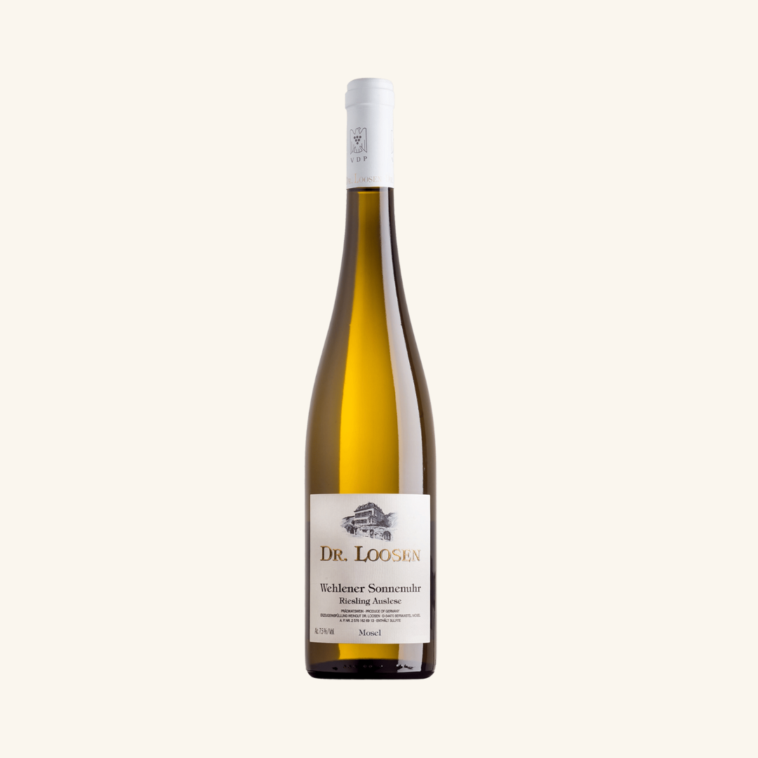 A bottle of Dr Loosen Wehlener Sonnenuhr Riesling wine with a label indicating it is a product from Germany, specifically the Mosel region. The bottle is 375mL in size.