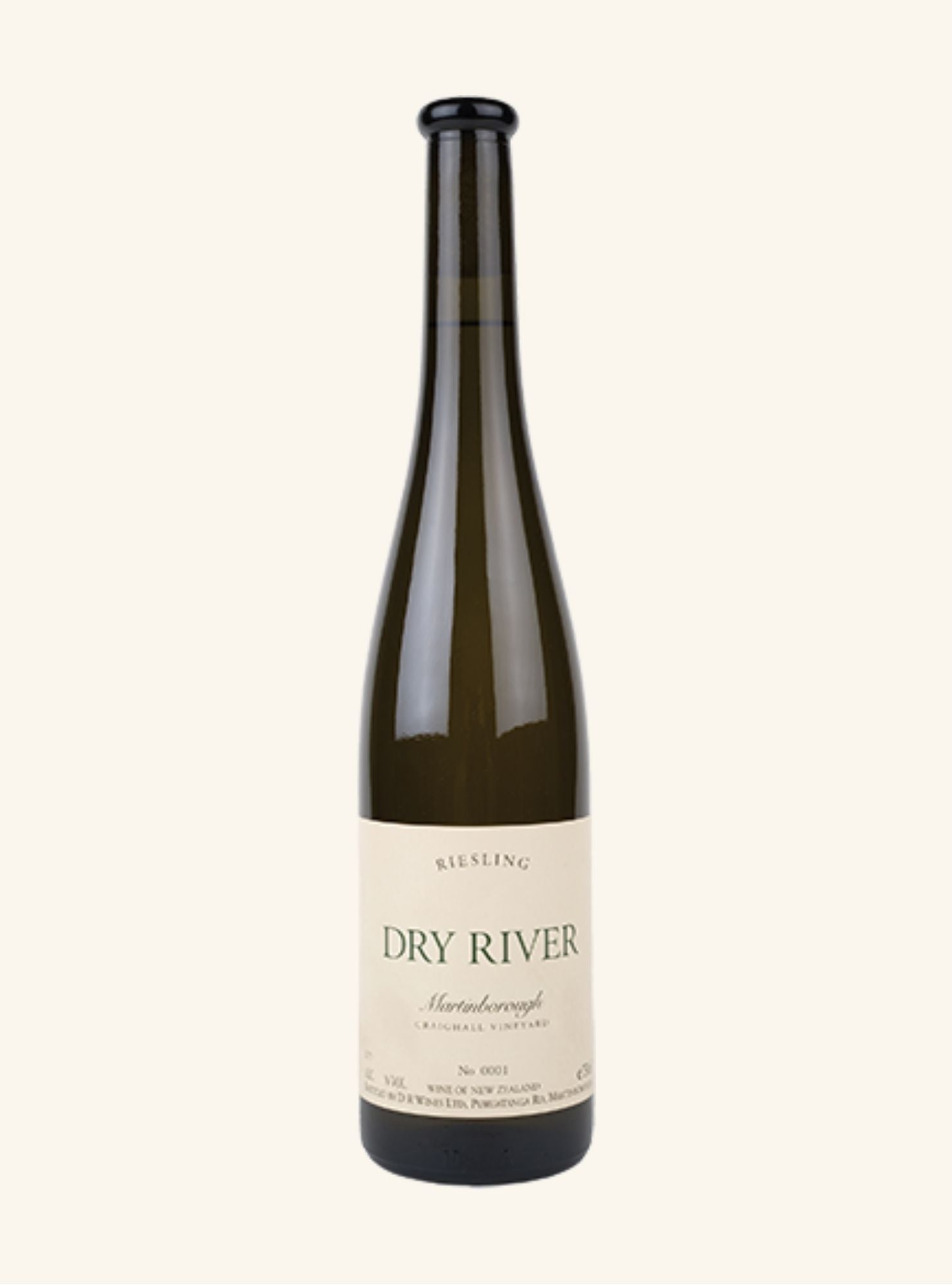 elegant tall Wine bottle labeled 'Dry River riesling martinborough' on a white background