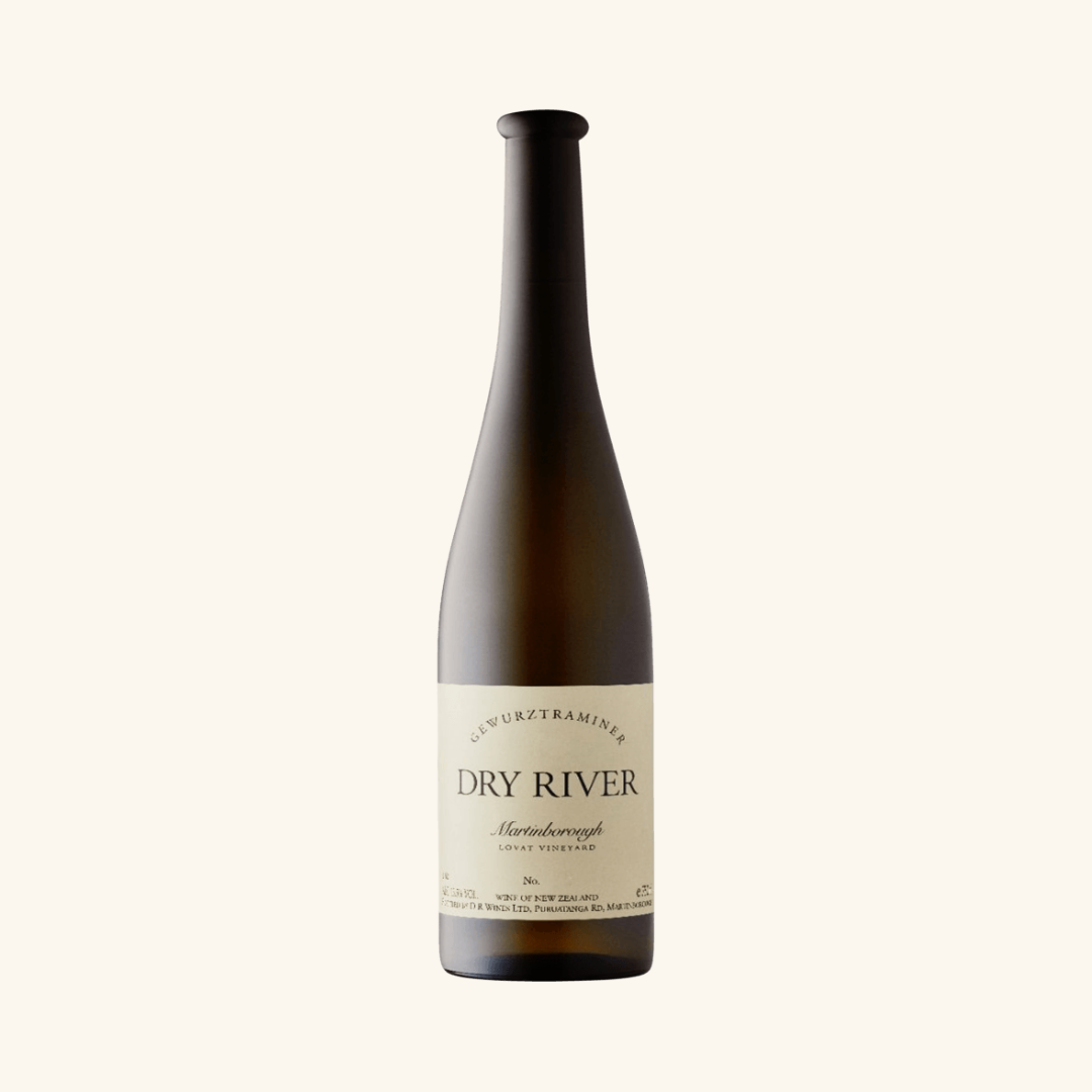Bottle of Dry River Lovat Gewurztraminer wine with a white label on a clear background.