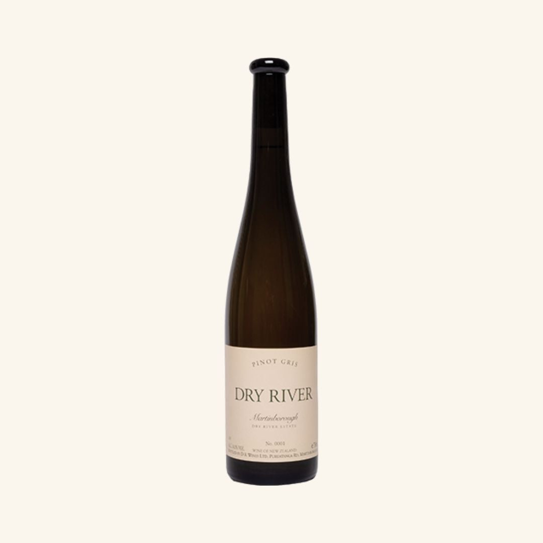 Wine bottle labeled as 'Dry River' with the variety Pinot Gris and region Martinborough, on a white background
