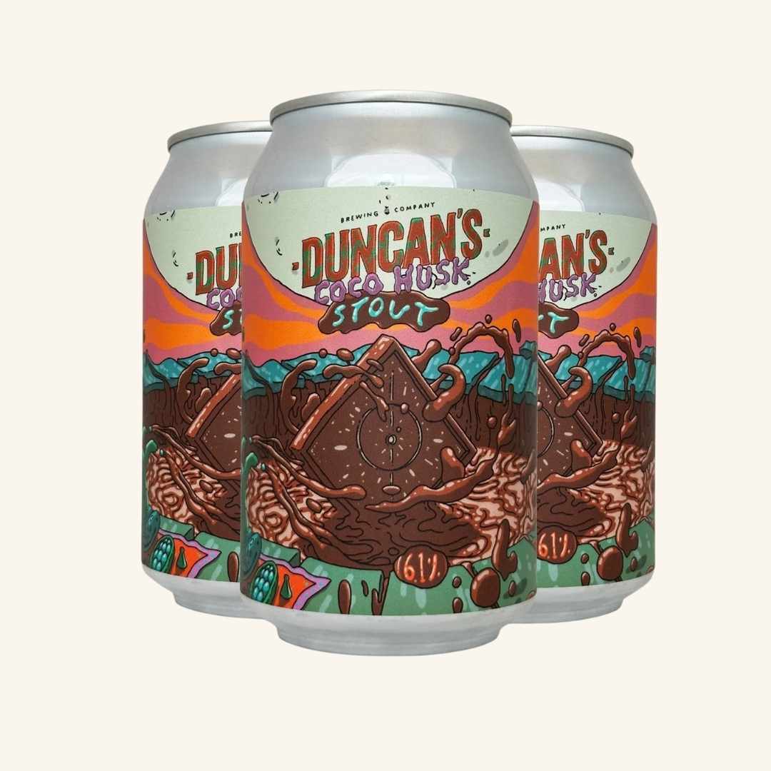 Three cans of Duncan's coco Husk Stout on a white background