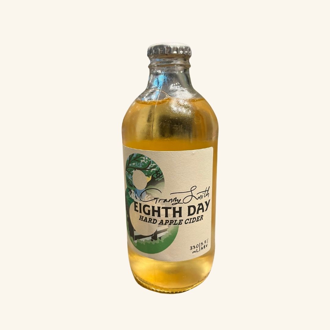 Bottle of Eighth Day Hard Apple Cider on a white background