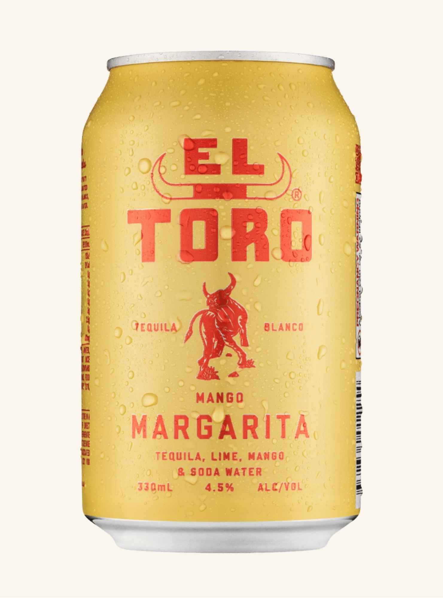 Yellow can of El Toro Mango Margarita with red text and bull logo on a white background