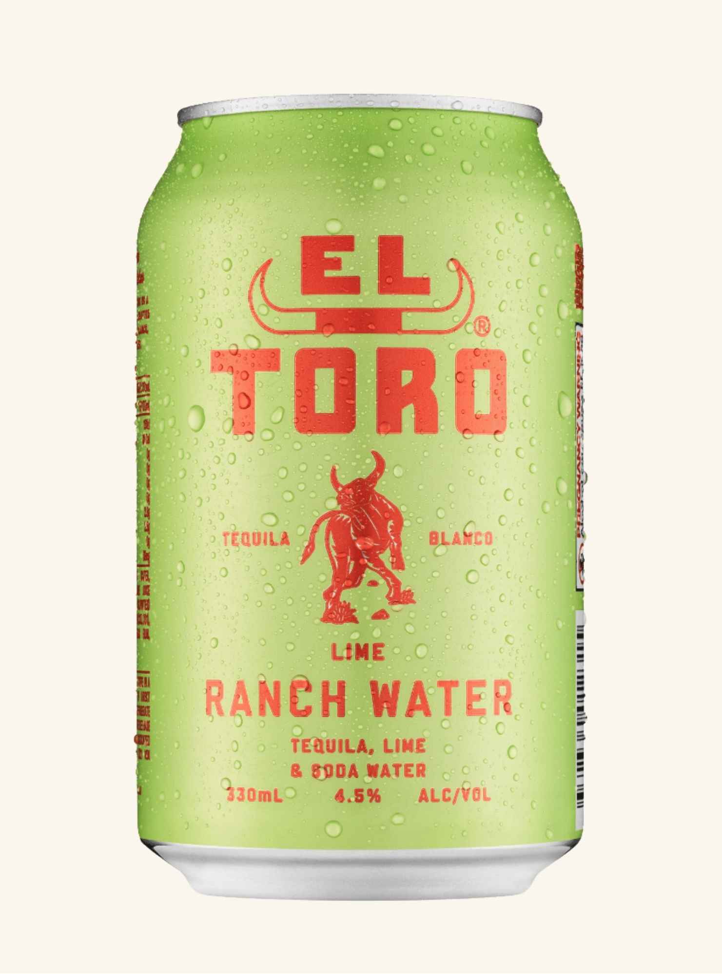 Green can of El Toro Lime Ranch Water with red text on a white background