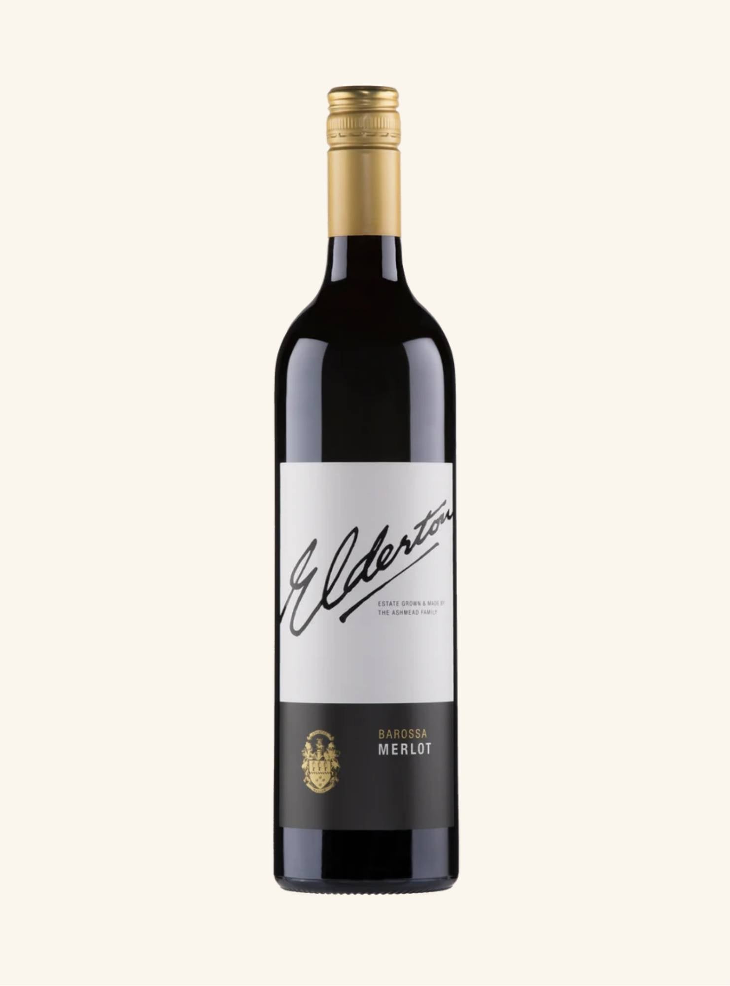 Wine bottle with gold cap and white label branded elderton barossa merlot on a white background