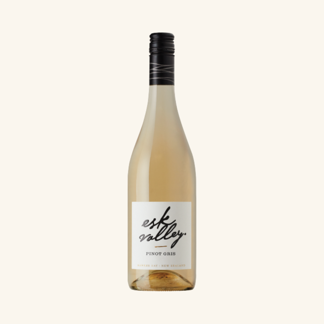 Bottle of Esk Valley Pinot Gris wine with a white label on a clear background.