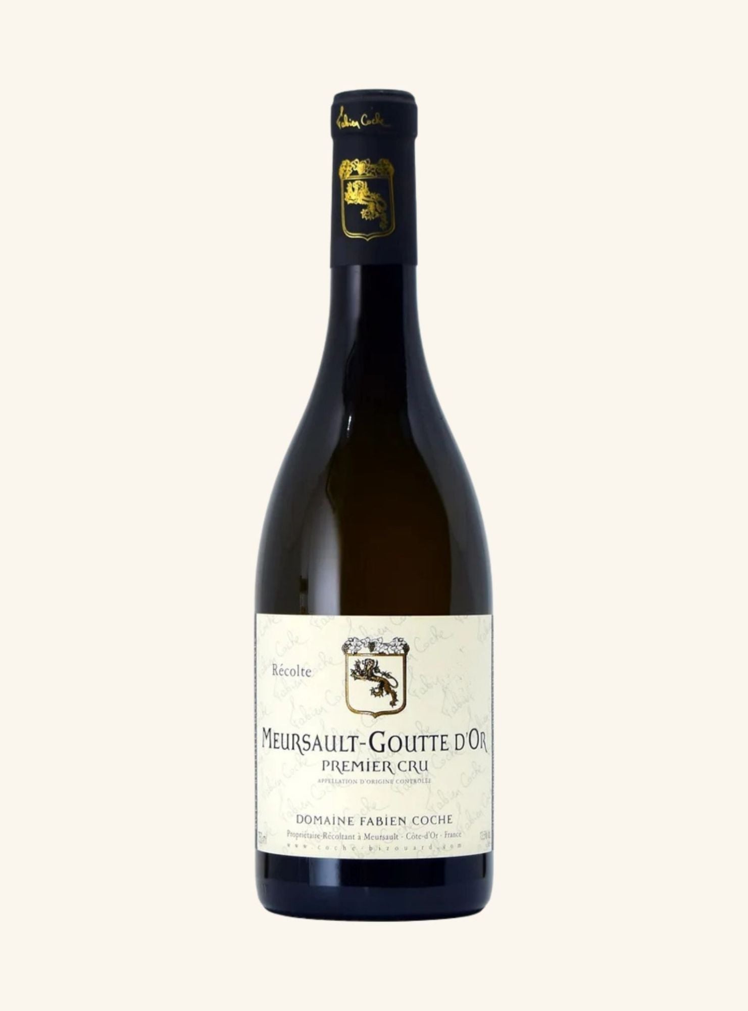 white Wine bottle labeled Meursault-goutte d'or premier cru fabien coche, on a white background