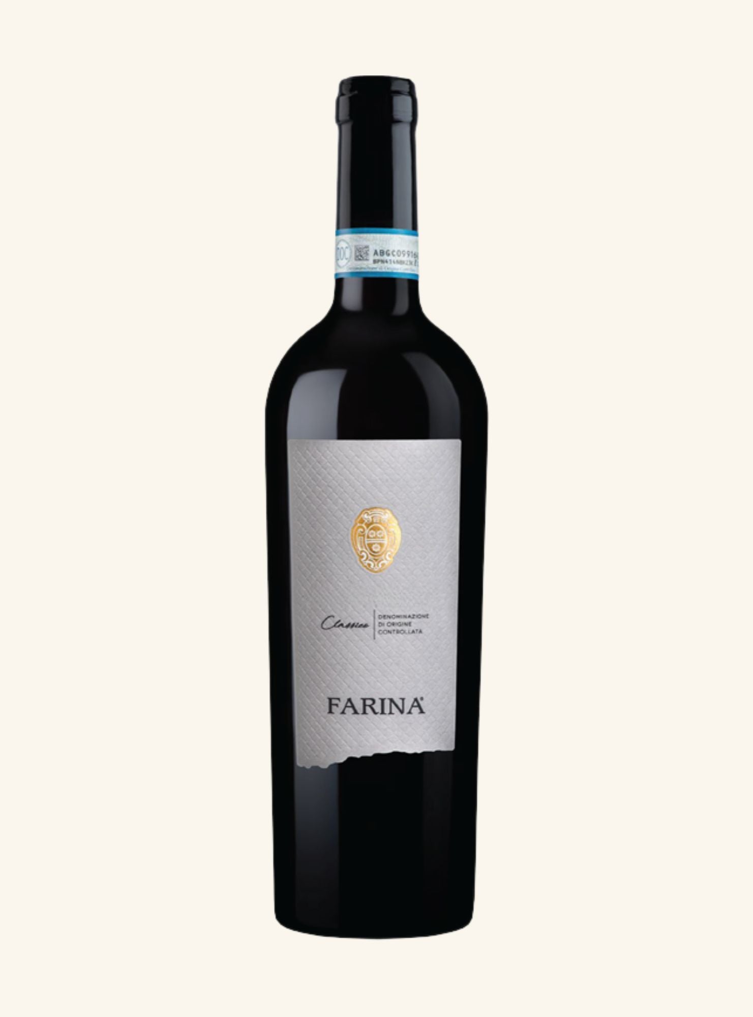 This image features a bottle of Farina Valpolicella, a wine renowned for its rich history and elegant presentation. The bottle displays a sophisticated label design with a predominantly silver label that contrasts elegantly against the dark glass.