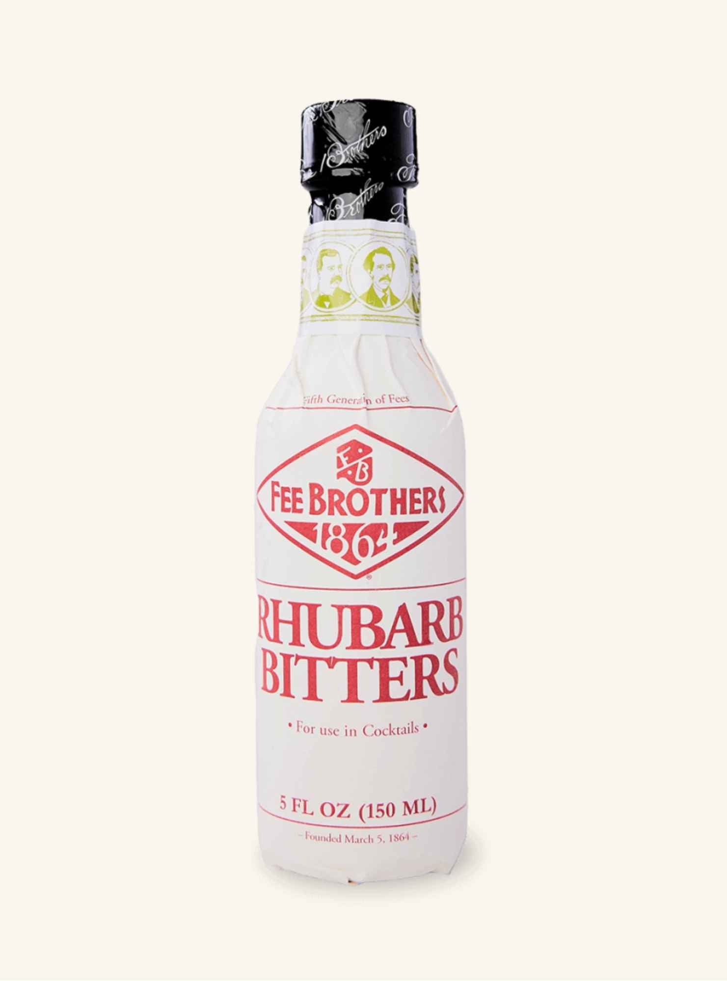 Bottle of Fee Brother's Rhubarb Bitters on a white background