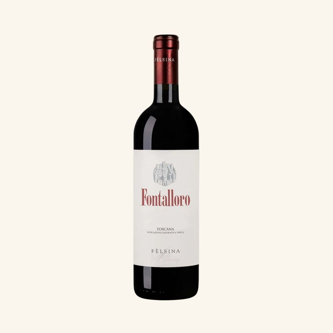 Red wine bottle with 'Fontalloro Toscana Felsina' label on a white background