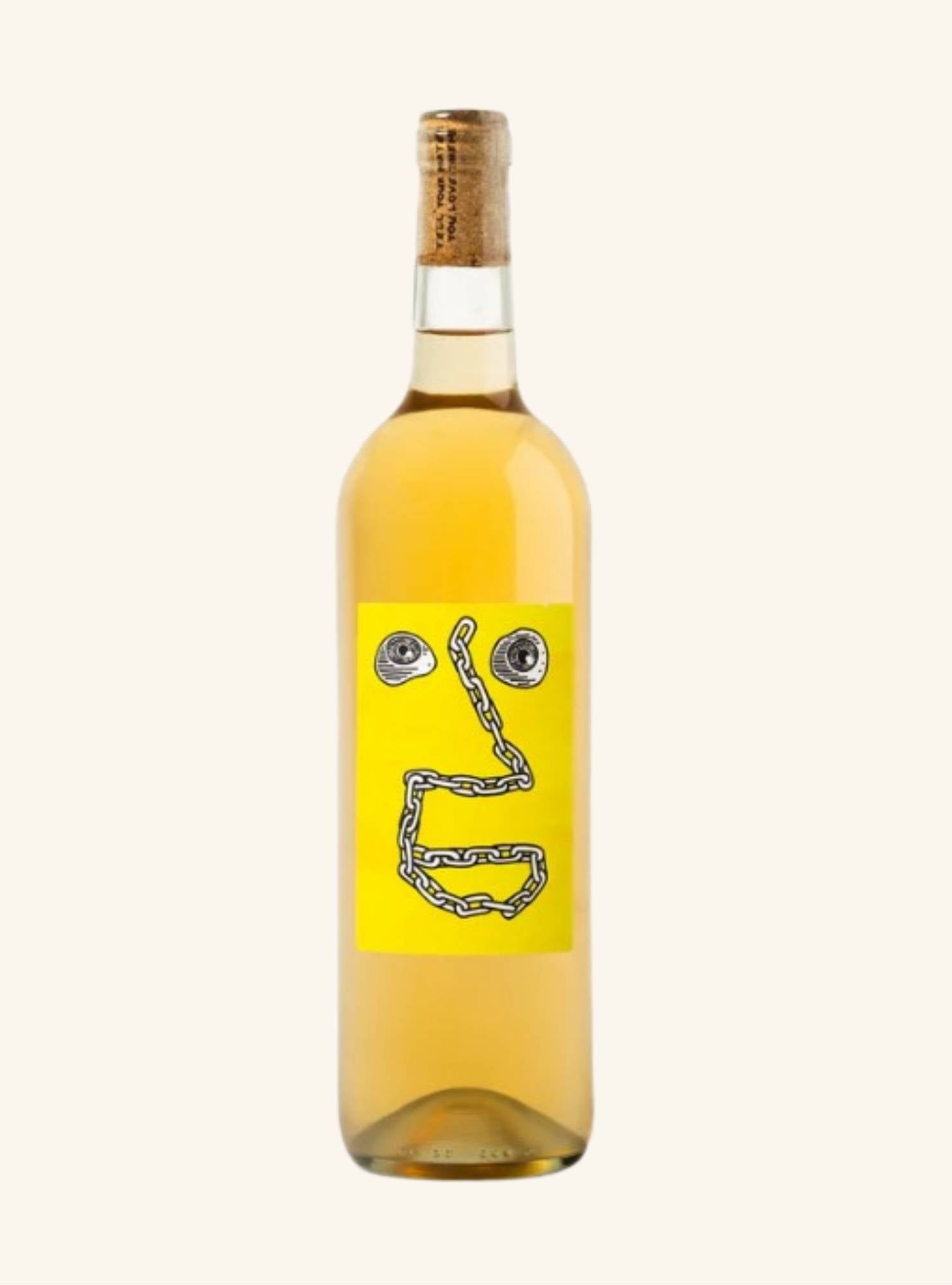 Wine bottle with a unique label featuring eyes and a mouth on a white background
