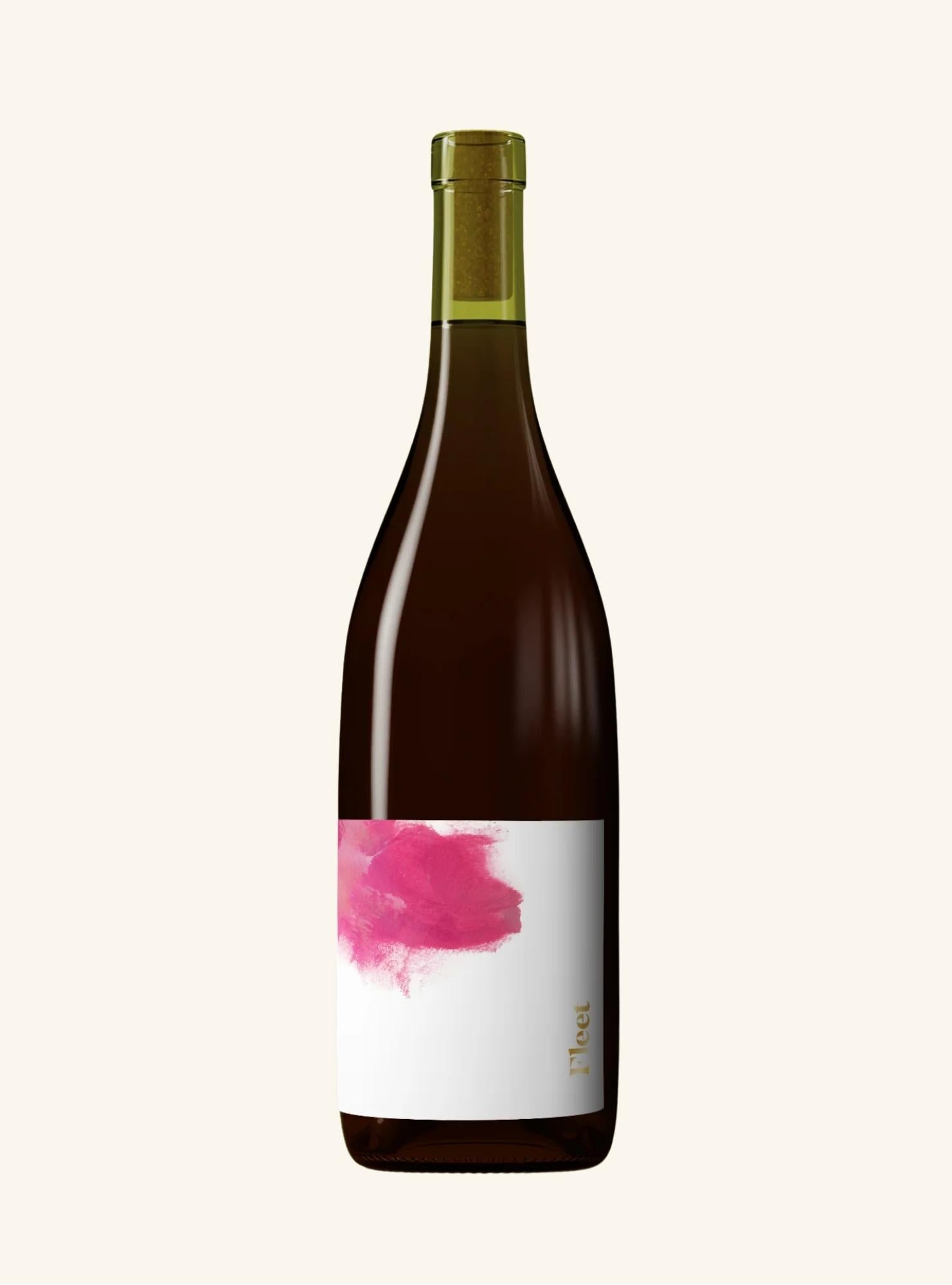 Wine bottle with a pink label branded fleet on a white background