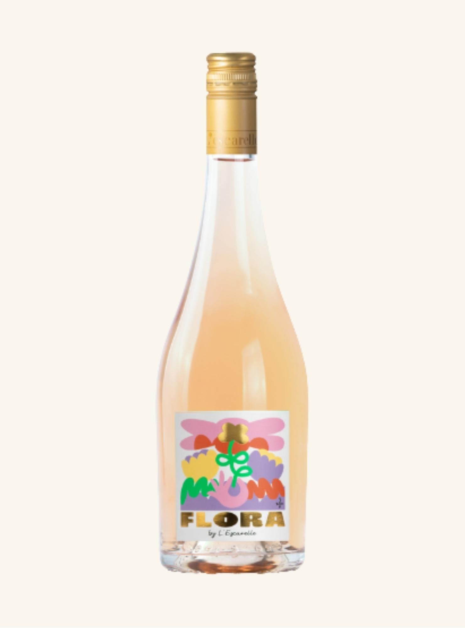 Bottle of 'Flora' Rose with a colorful label on a white background