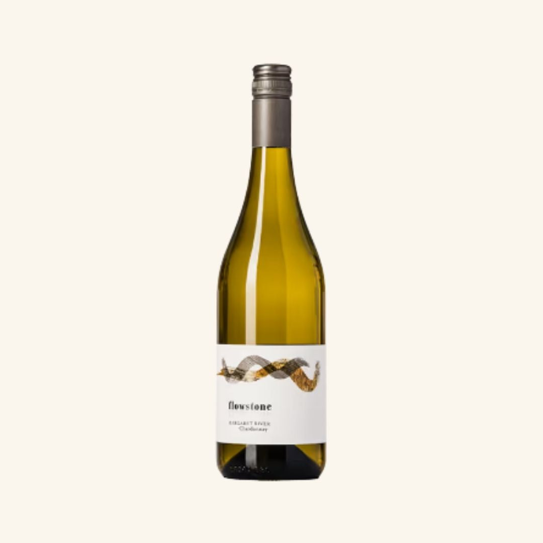 Wine bottle with a label with the branded Flowstone and Margaret River Chardonnay, on a white background