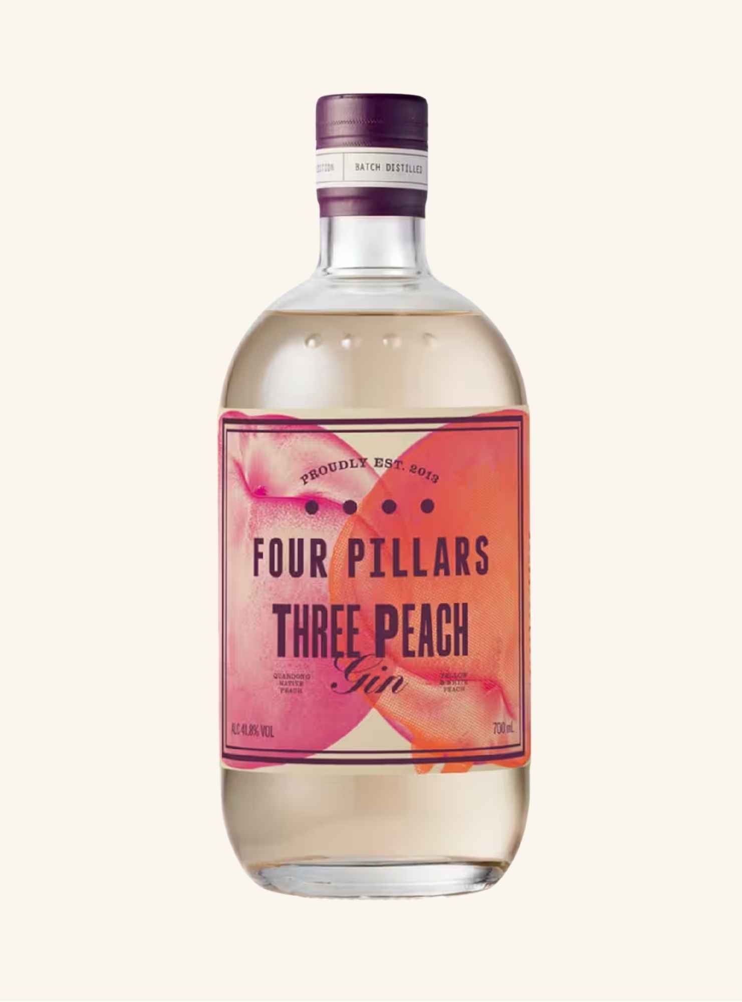 Bottle of Four Pillars Three Peach Gin on a white background