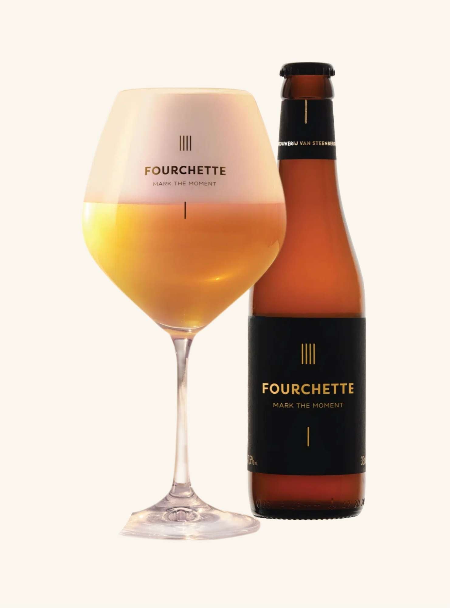 Bottle and glass of Fourchette beer on a white background