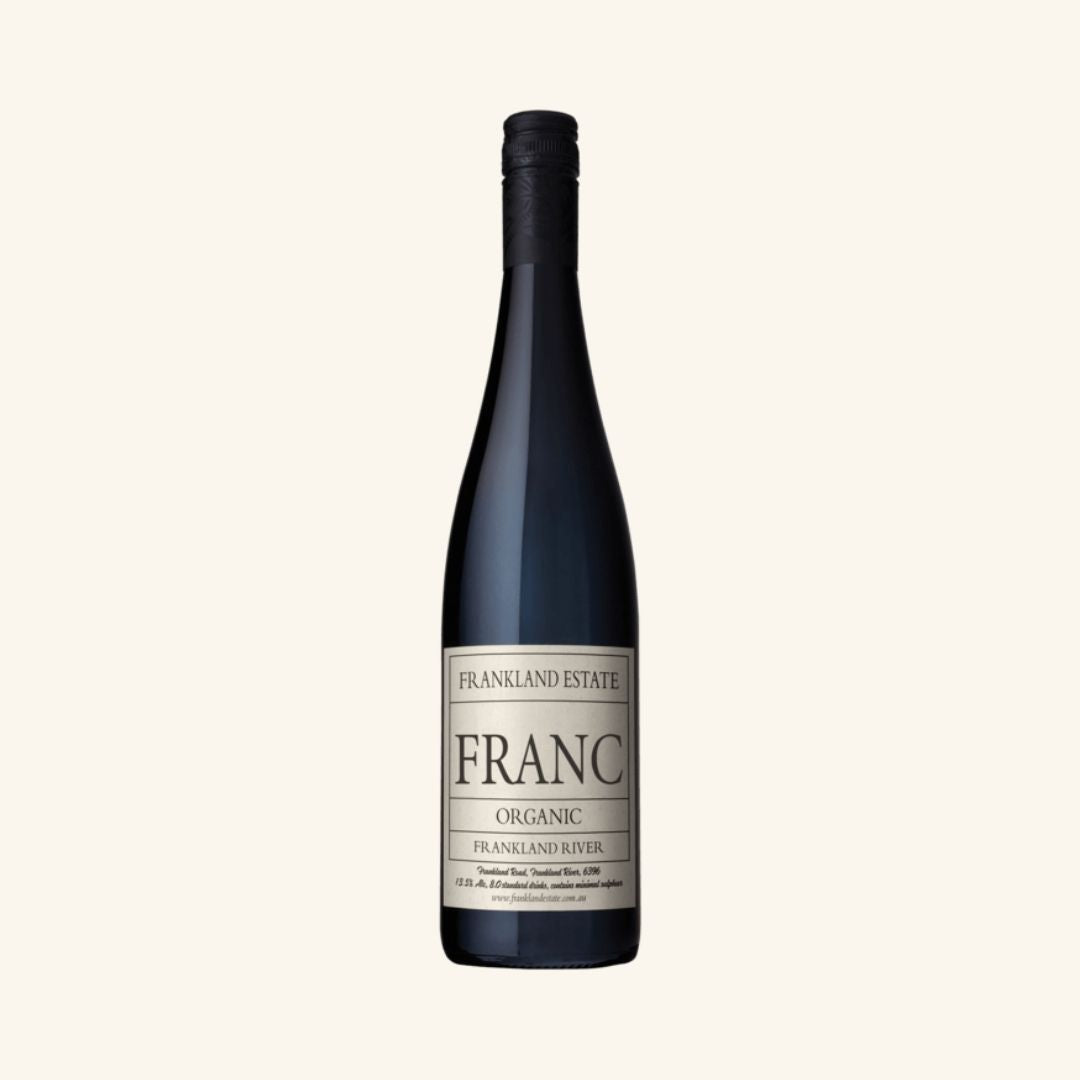 Wine bottle labeled 'Franc' by Frankland Estate on a white background