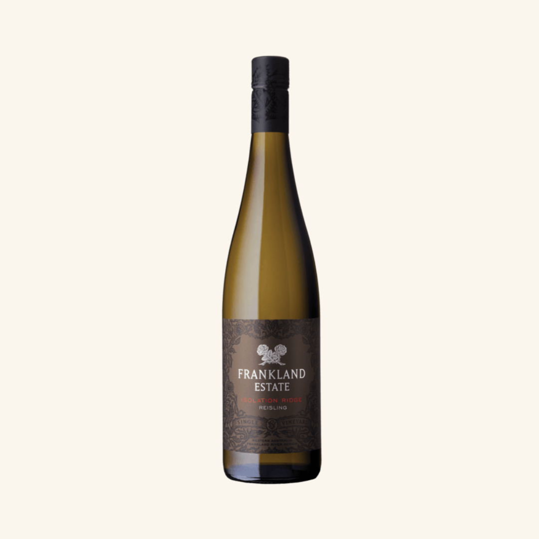 A bottle of Frankland Estate wine with a label that includes the winery's name and the variety of Riesling. The bottle is upright and has a dark background.