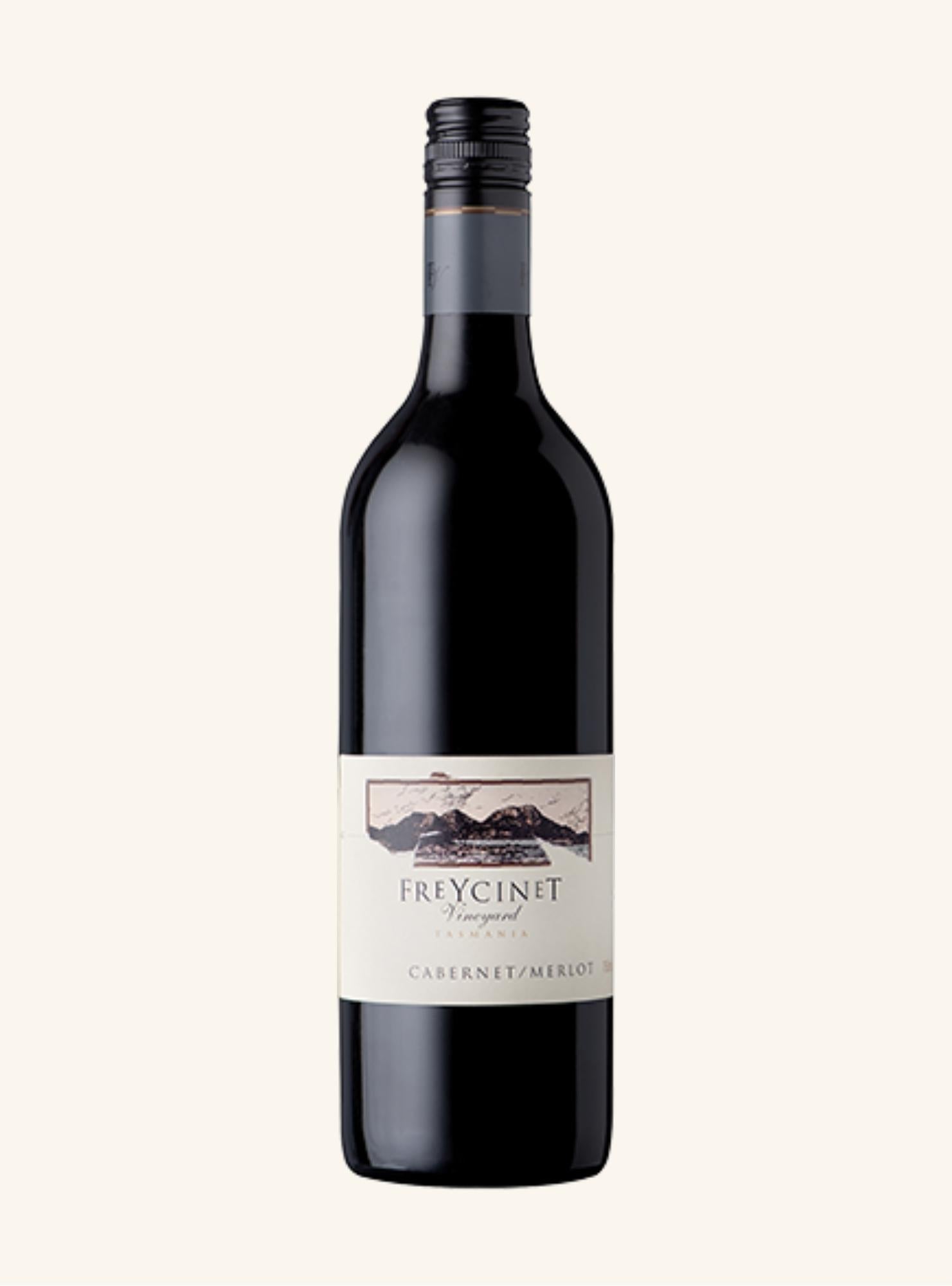 Red wine bottle with a label branded freycinet cabernet merlot on a white background
