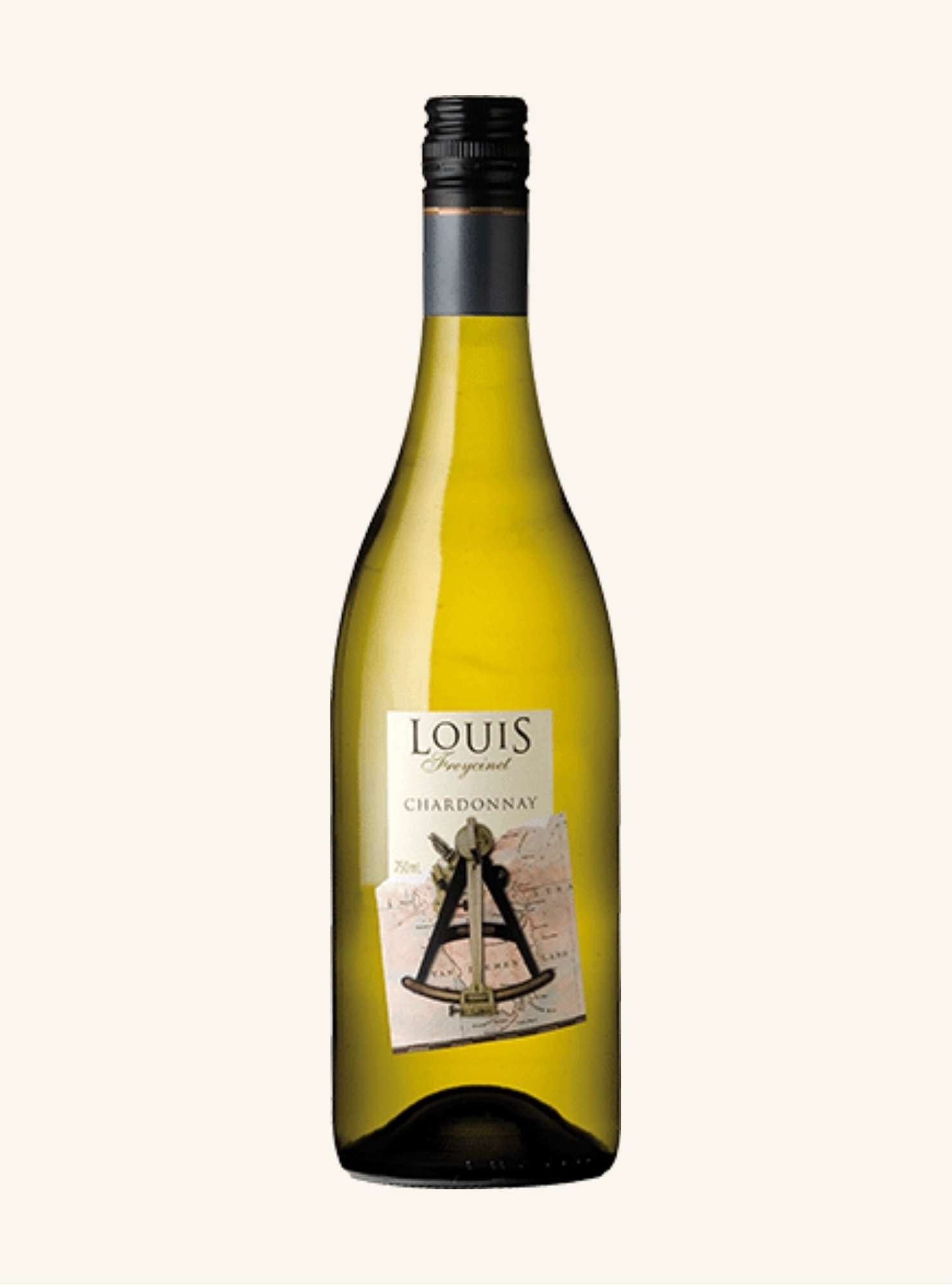 Bottle of Louis freycinet Chardonnay wine on a white background