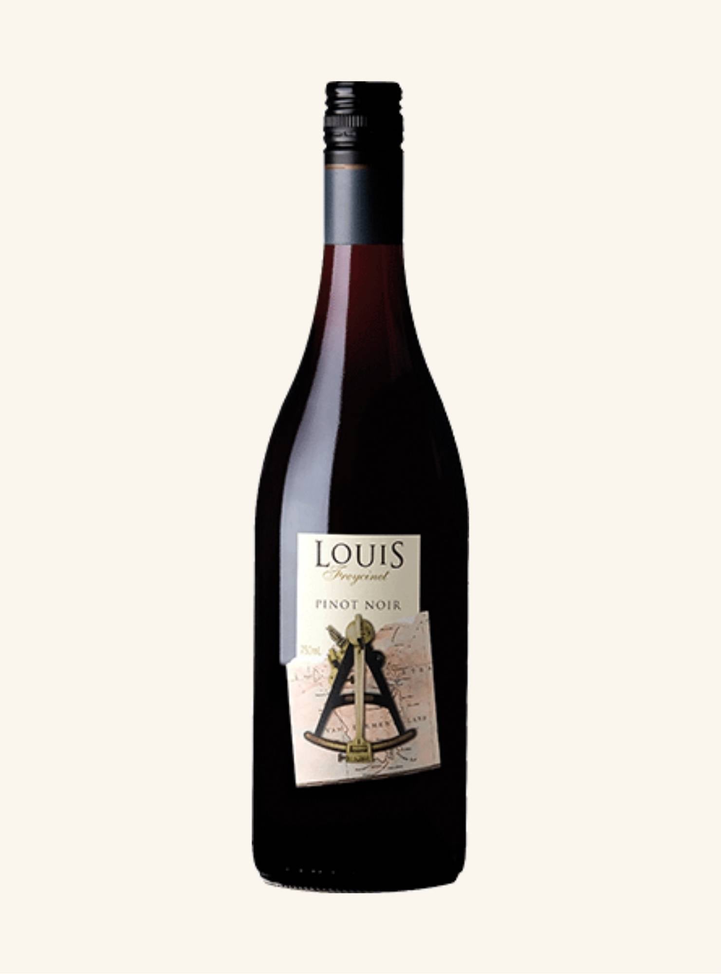 Bottle of Louis Vineyard Pinot Noir wine on a white background