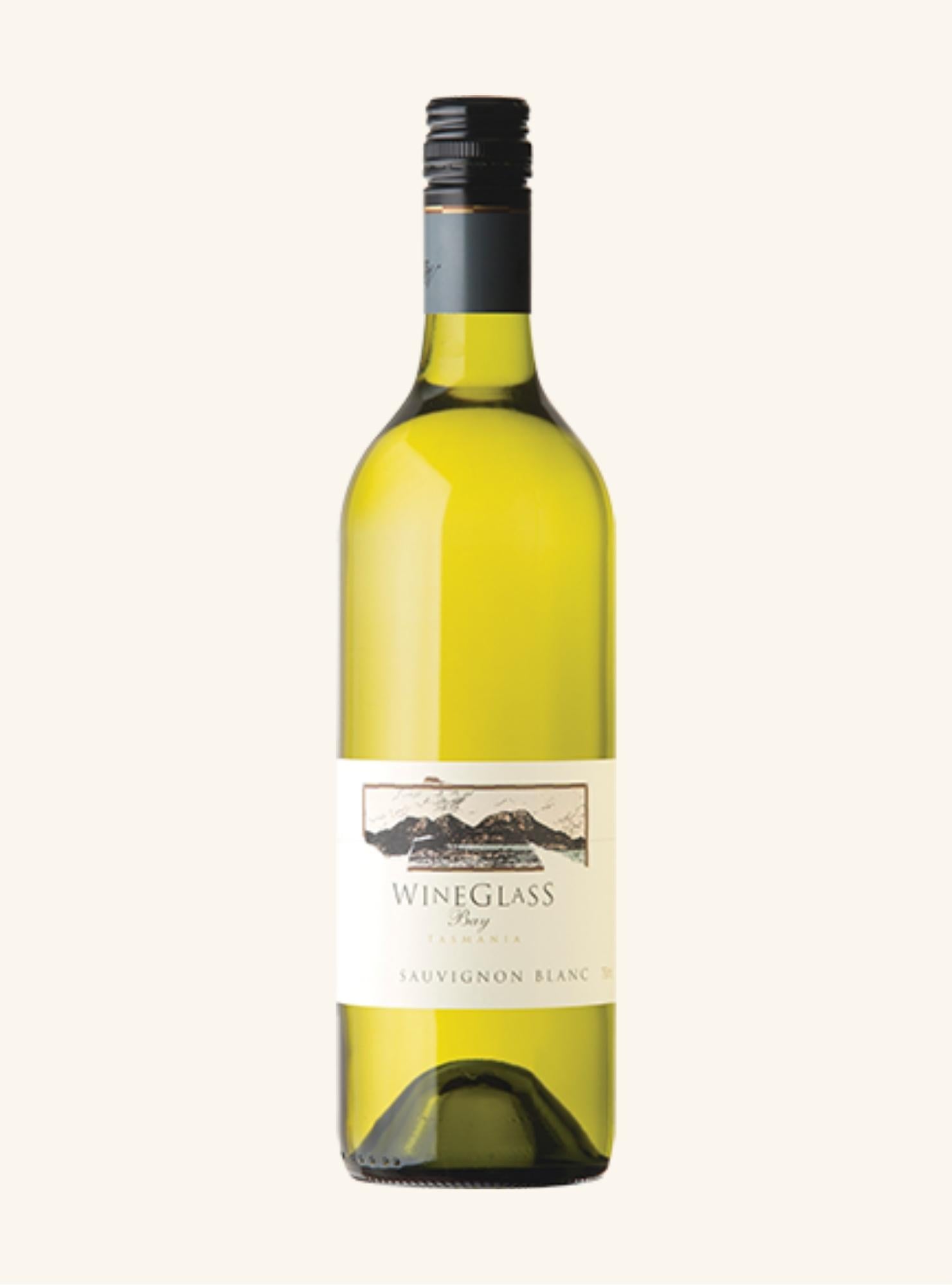 Yellow wine bottle with a visible label with wineglass bay sauignon blanc branding, on a white background