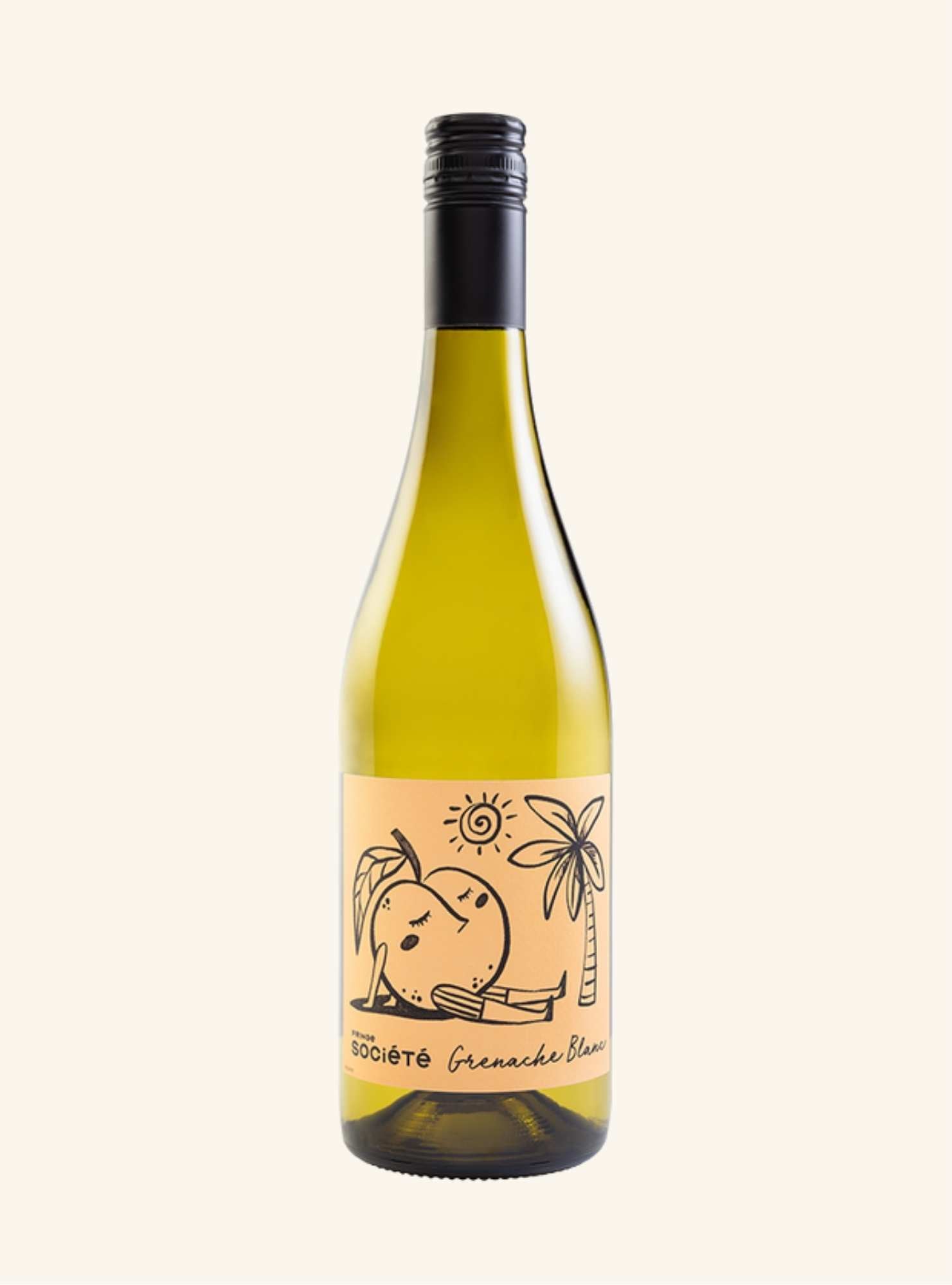 Wine bottle with a peach coloured label branded fringe societe grenache blanc on a white background