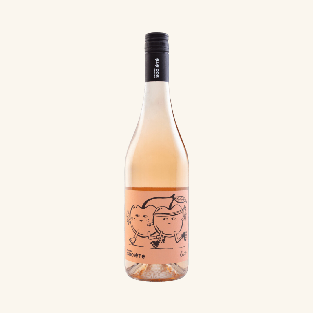 A bottle of Fringe Société Rosé wine with a graphic design of a pair of fruits on the label