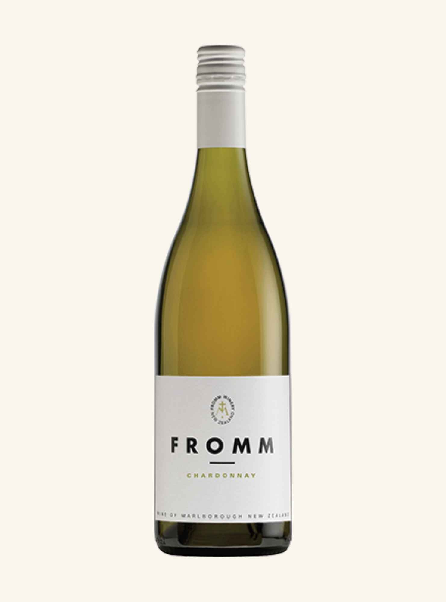 A bottle of Fromm Chardonnay white wine, featuring a white label with black text and a silver screw cap, set against a solid off-white background.