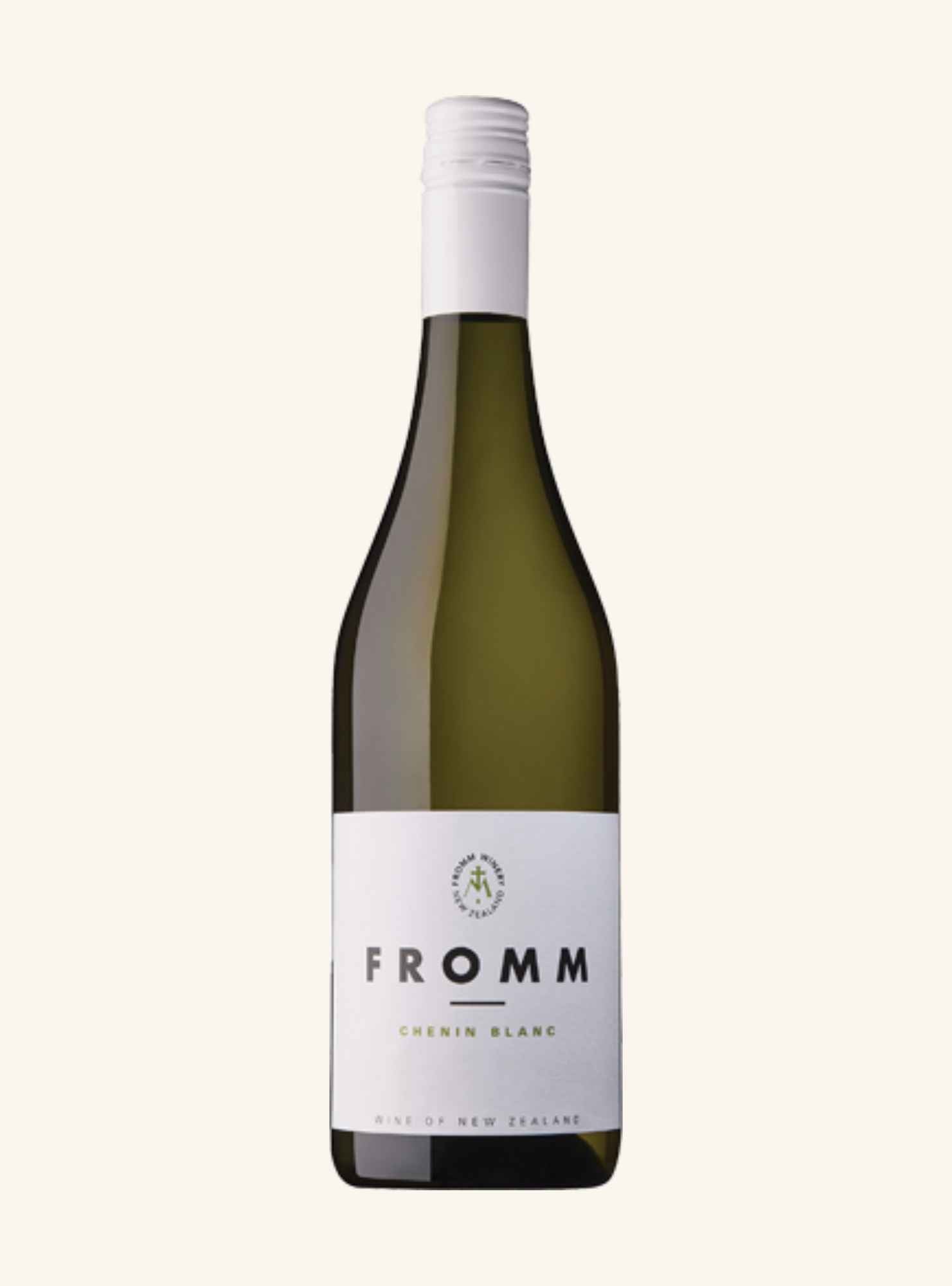 A bottle of FROMM Chenin Blanc white wine on a solid off-white background. The bottle is dark green glass with a white label and white screw cap.