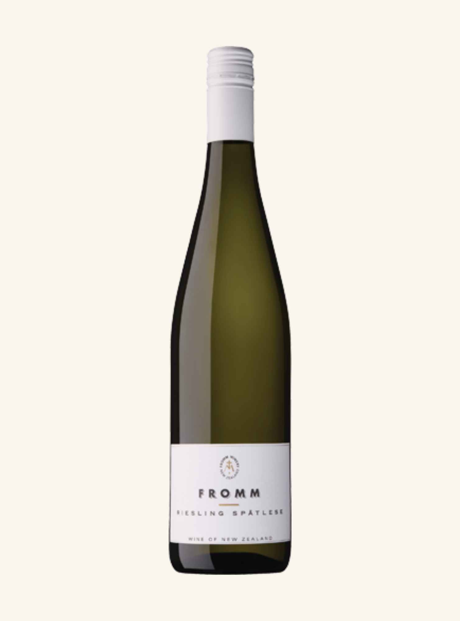 A bottle of Fromm Riesling Spatlese white wine, featuring a dark green glass bottle, a white screw cap, and a white label with black text, set against a solid off-white background.