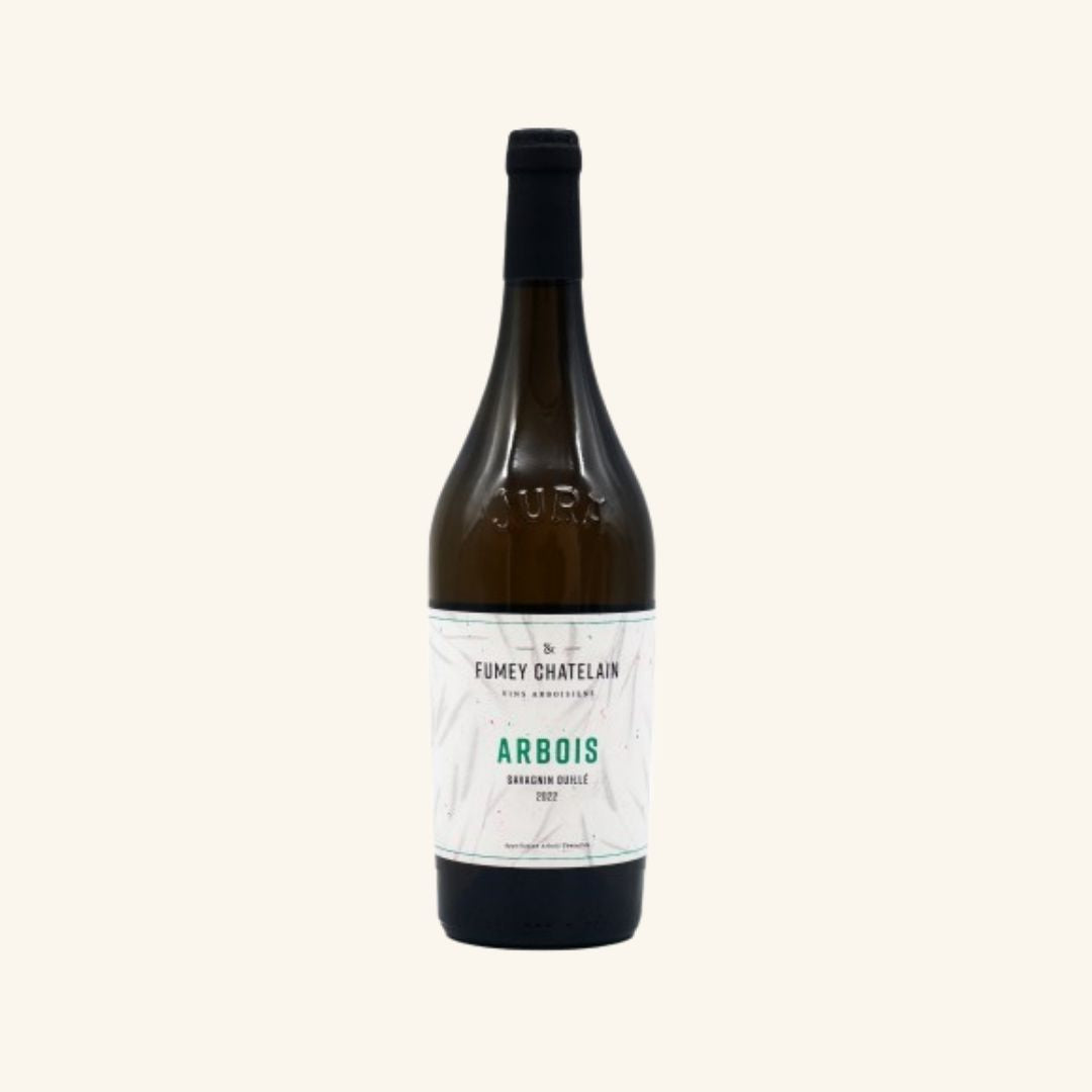 Wine bottle with a label branded fumey chatelain arbois  on a white background