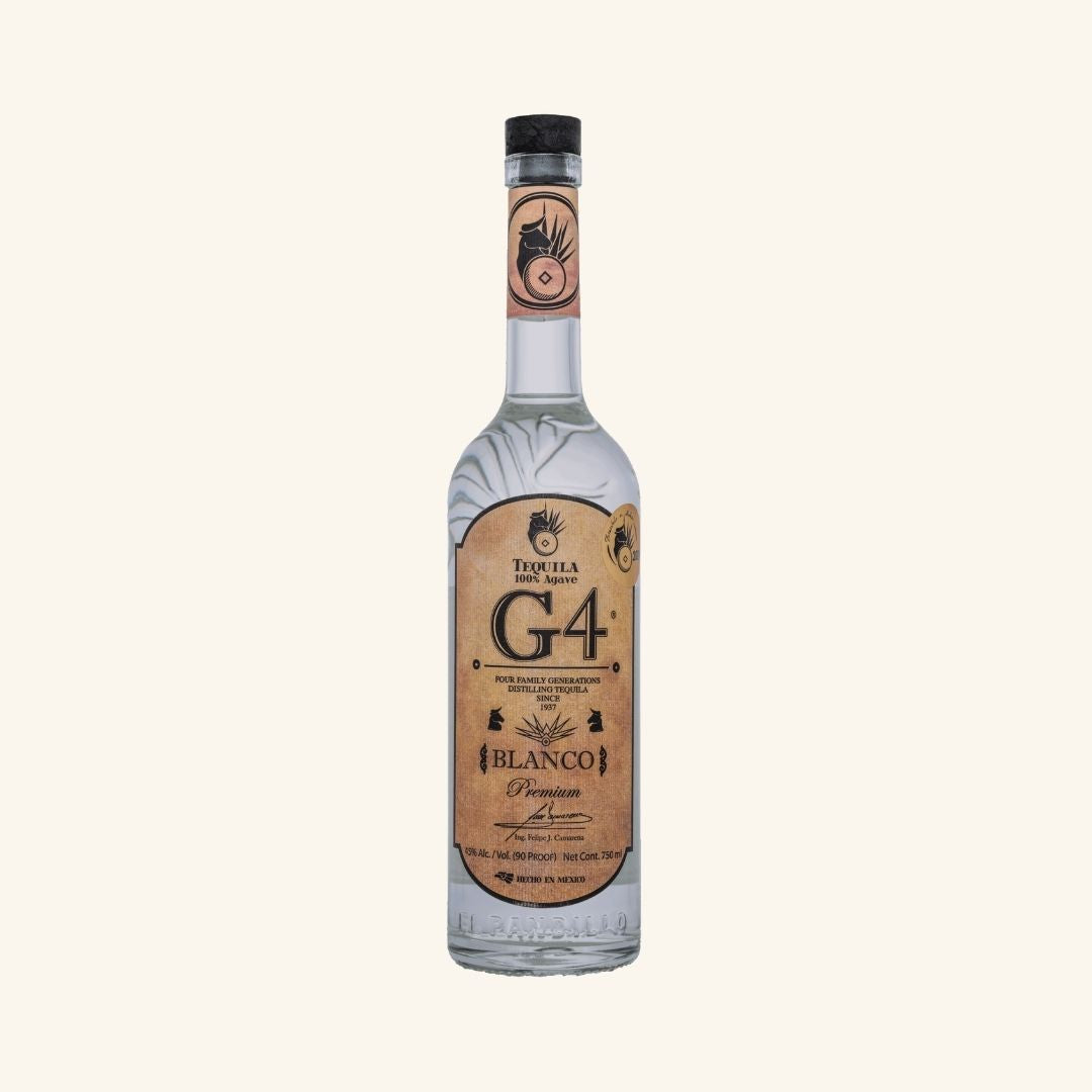 G4 Blanco tequila bottle on a white background