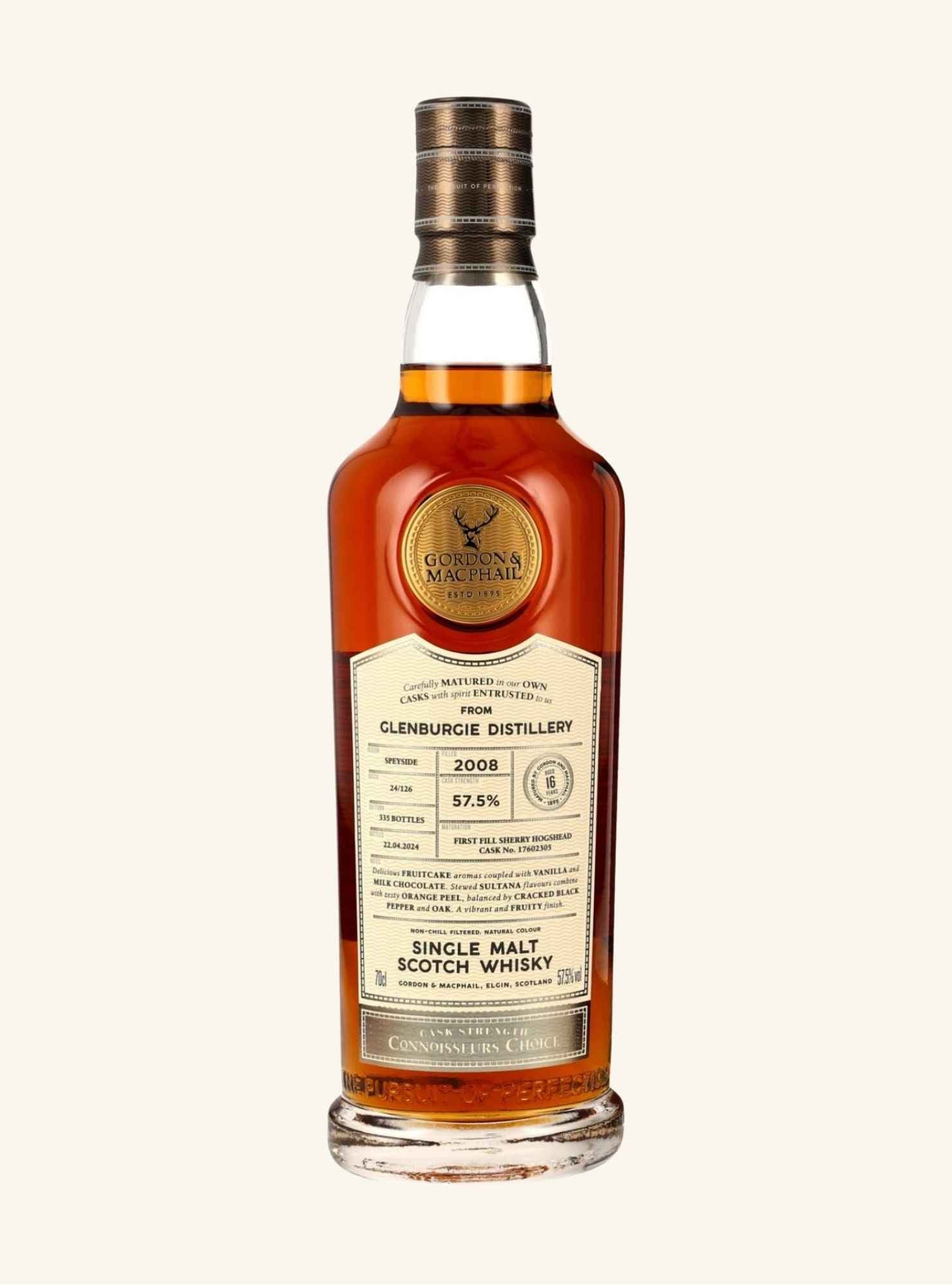 Bottle of Whiskey with the Gordon and Macphail emblem and label with the details of the Glenburgie 57.5% 2008 single mat scotch whisky