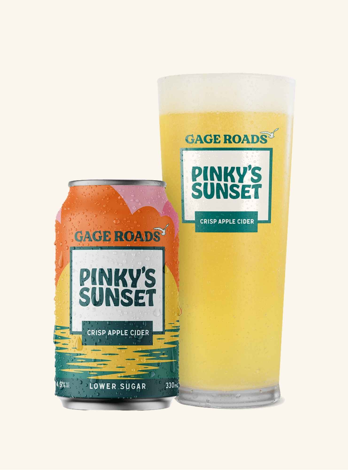 Gage Roads Pinky's Sunset cider can and glass on a white background