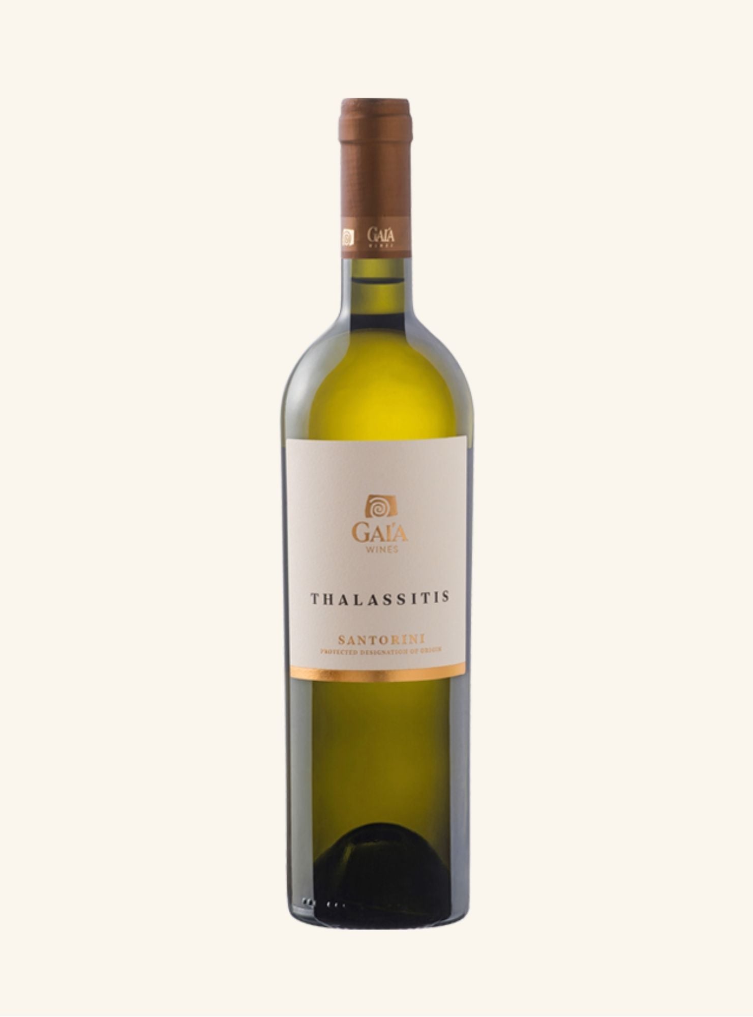 White wine bottle with a label branded gai'a thalassitis santorini on a white background