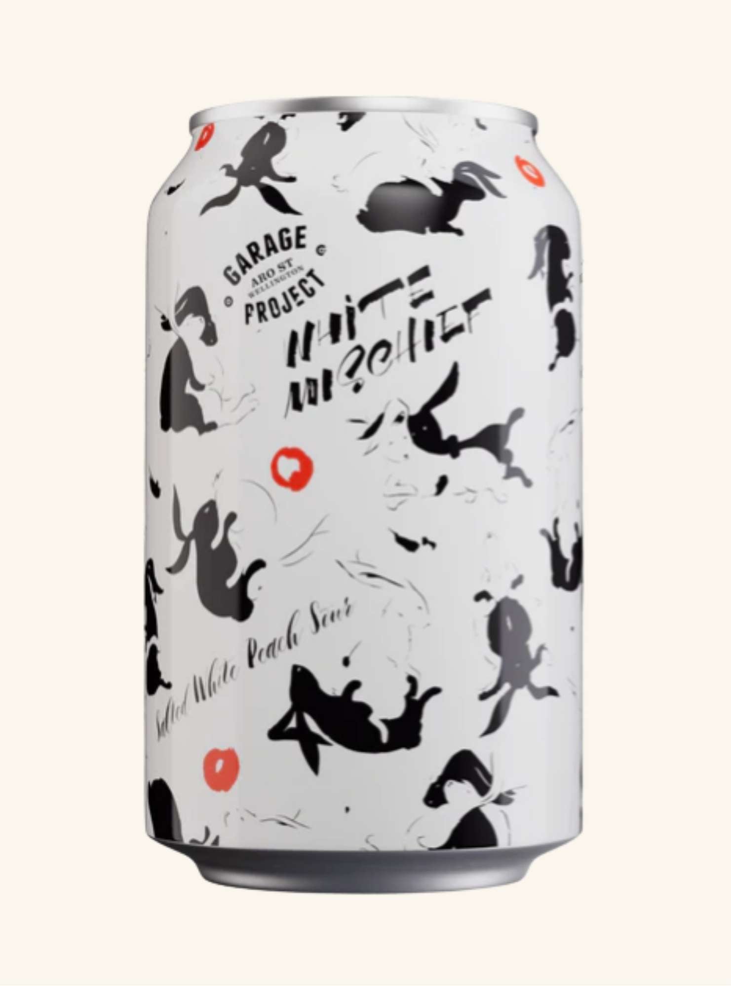 image of a can of beer with a white label with black and white rabbits, on a white background.