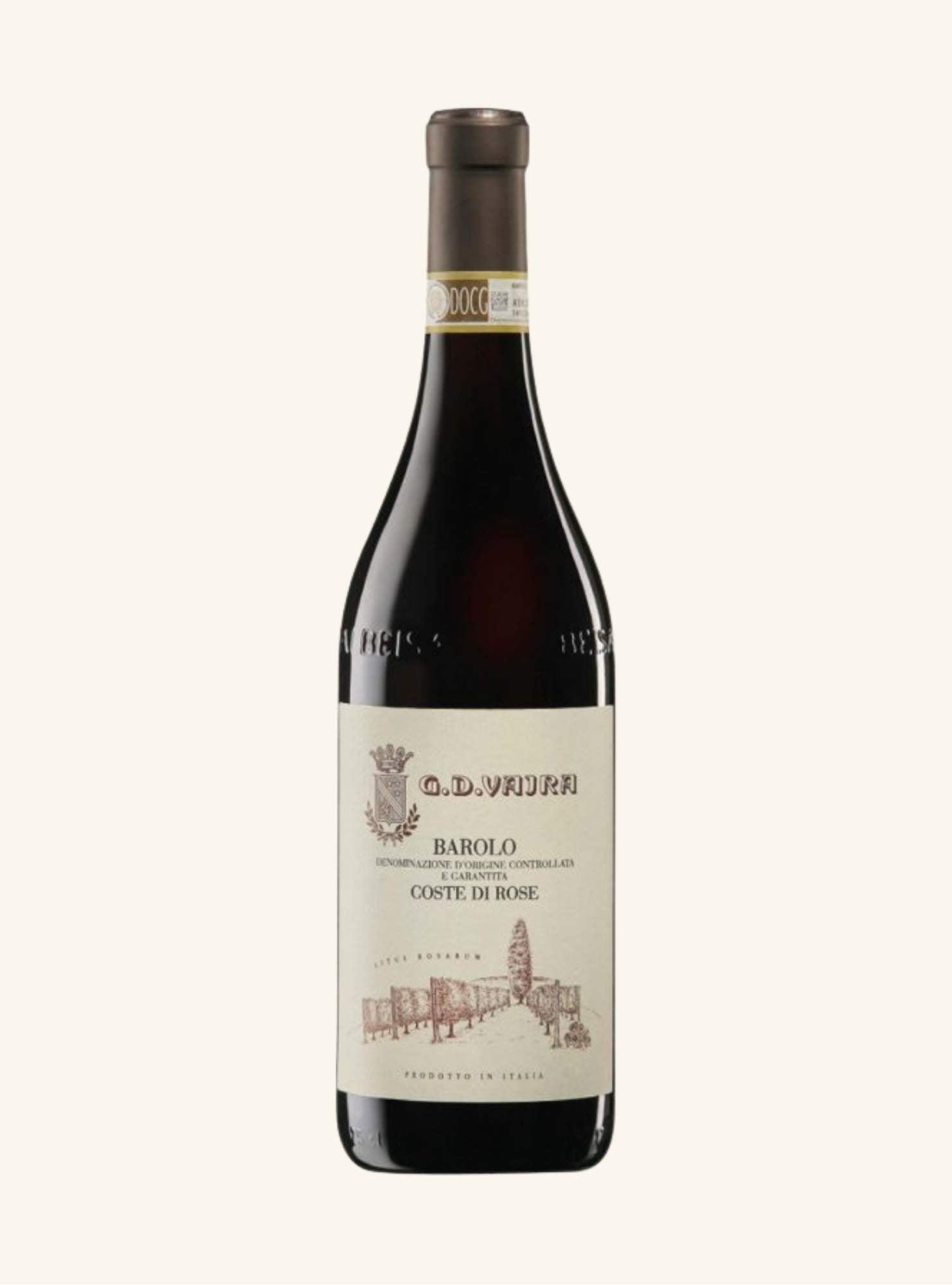 Wine bottle with a label branded GD Vajra barolo coste di rose on a white background