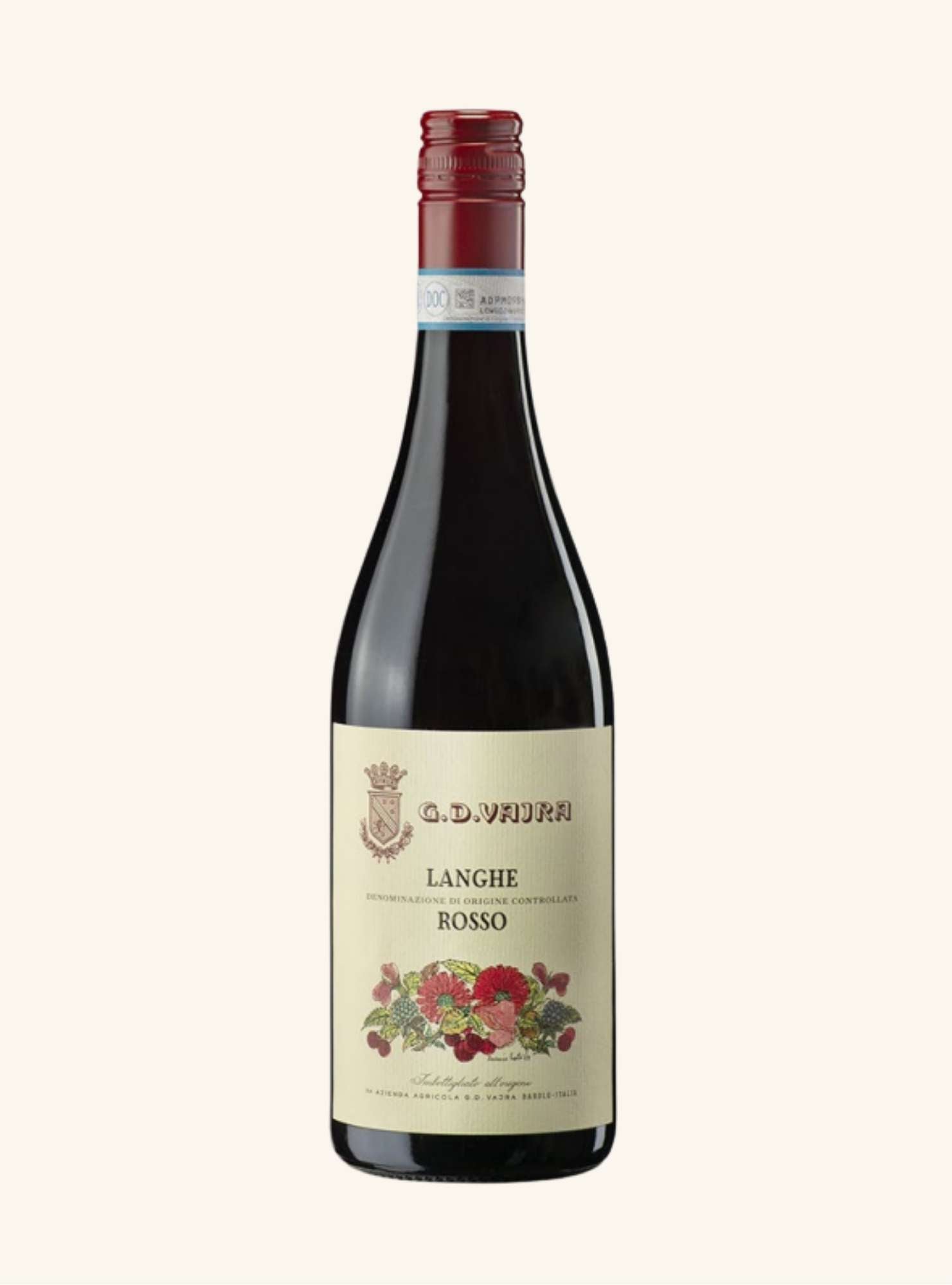 A bottle of G.D. Vajra langhe rosso with a label depicting flowers on a off-white label, with a white background.
