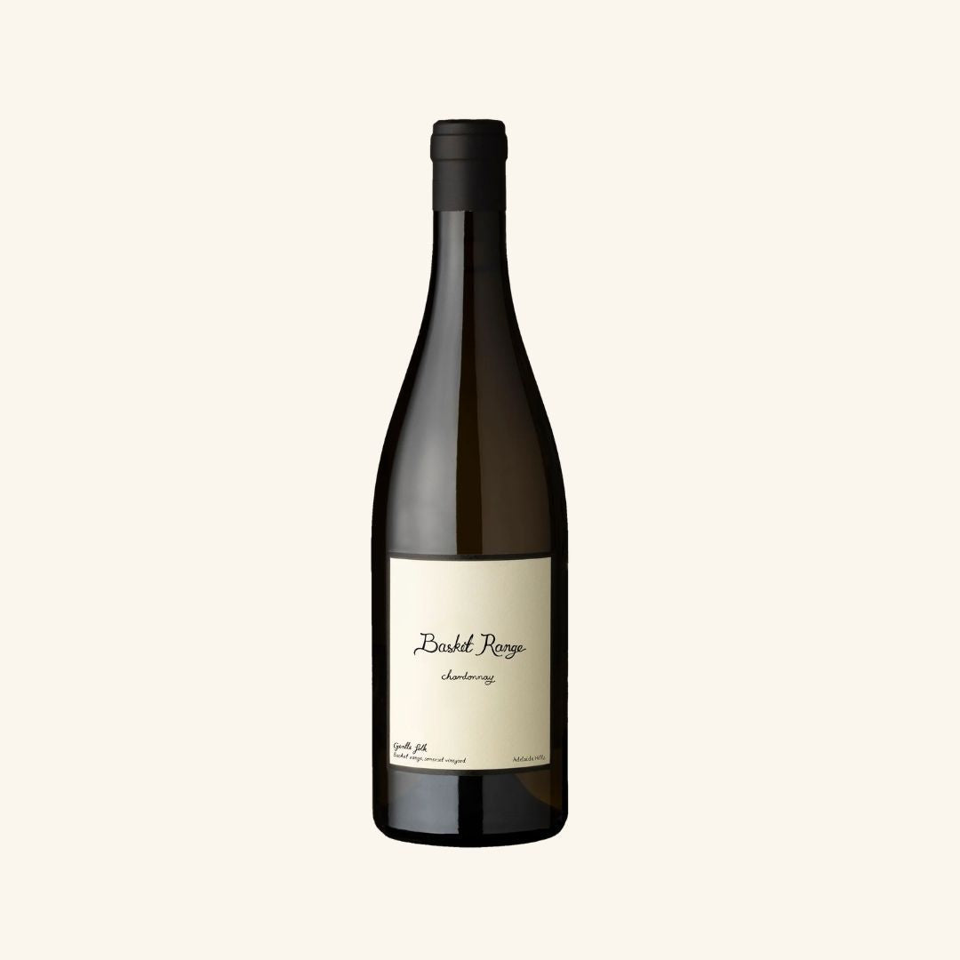 Wine bottle with a visible label branded basket range chardonnay gentle folk on a white background