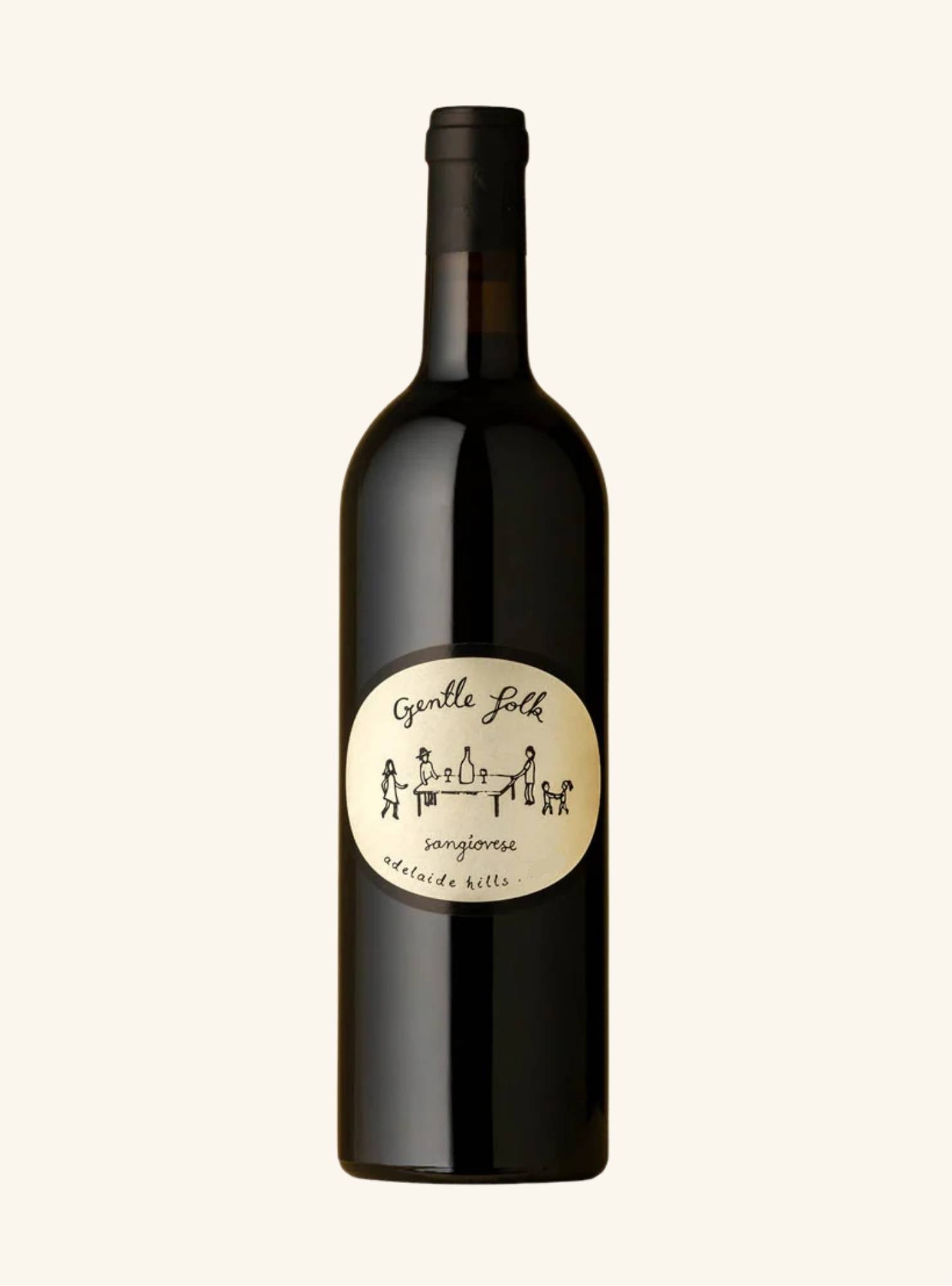 Wine bottle with a label branded Gentle folk sangiovese on a white background